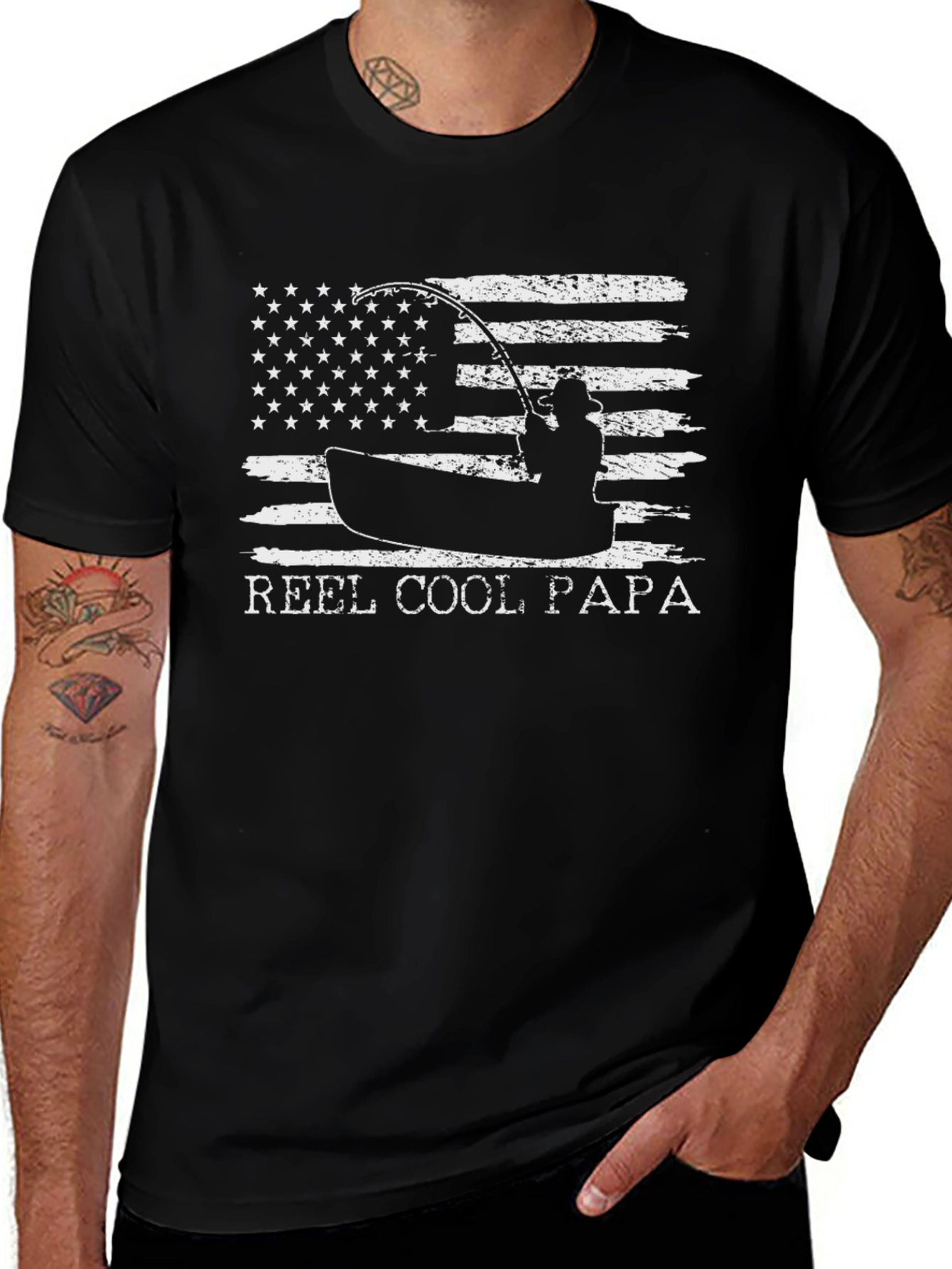 Reel Cool Papa Fishing T-Shirt - American Flag Design