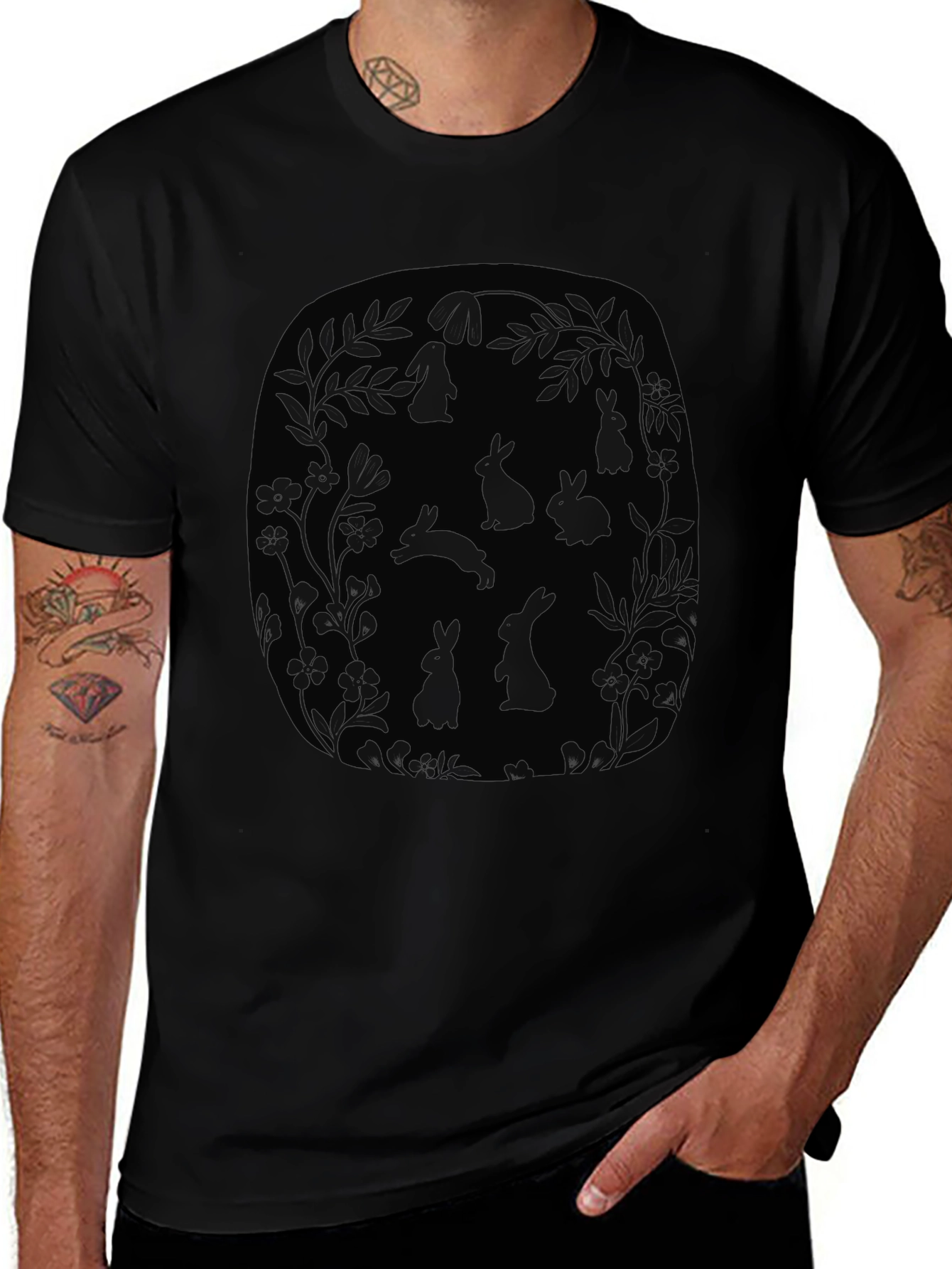 Bunny Floral Graphic Tee - Mens Black T-Shirt