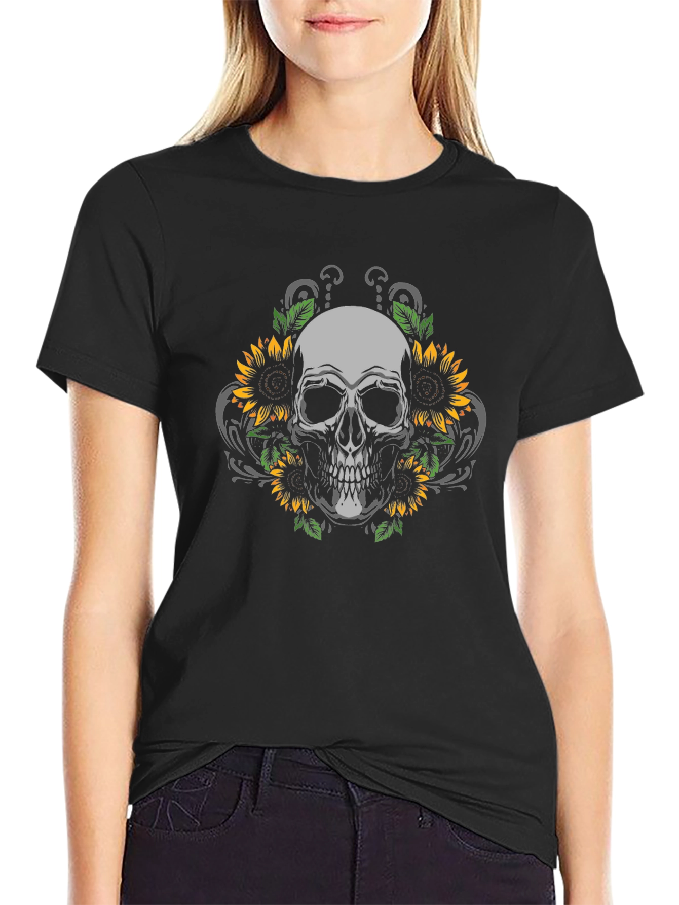 Skull & Sunflower Graphic Tee - Black