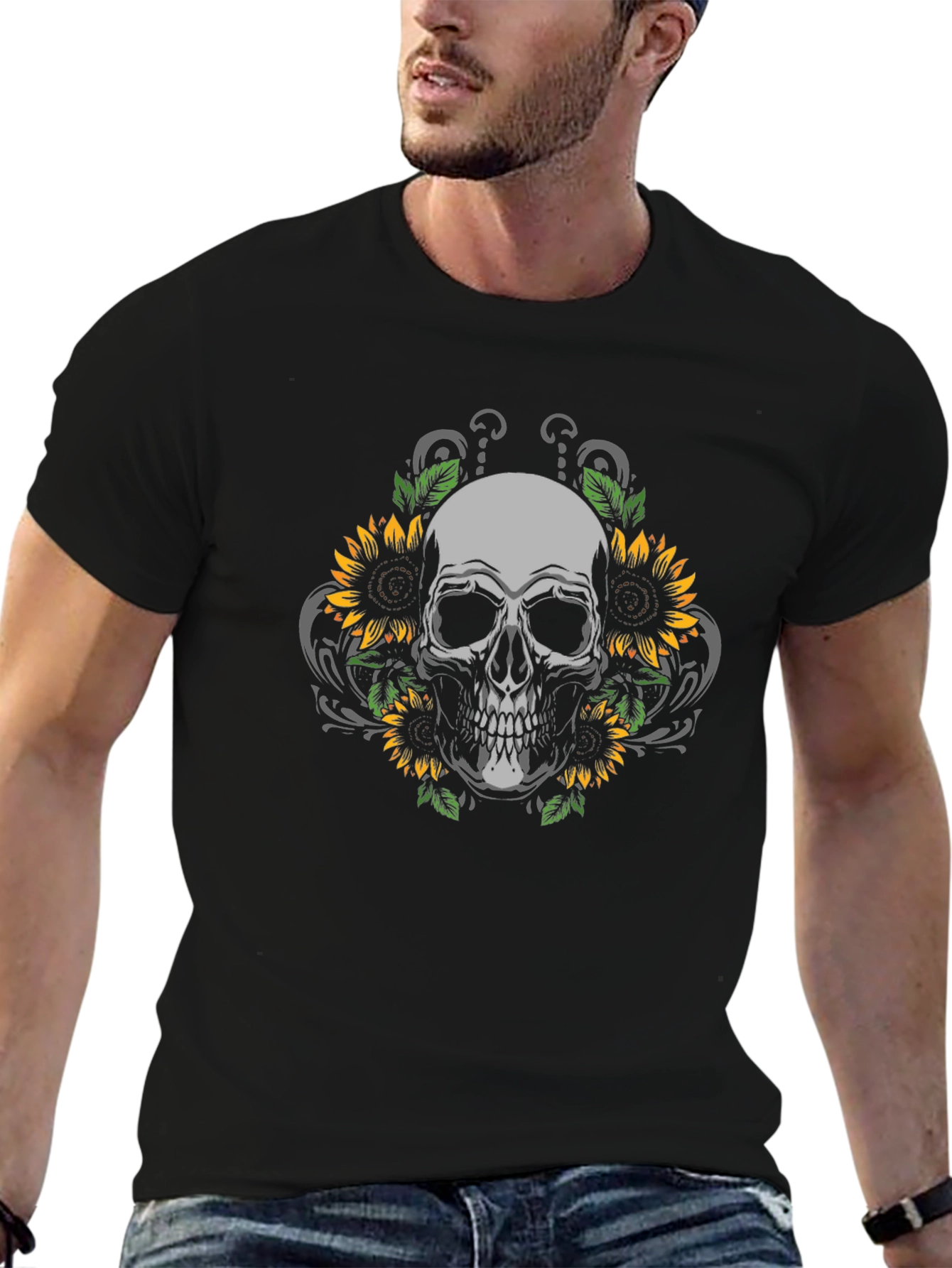 Skull & Sunflower Graphic Tee - Black