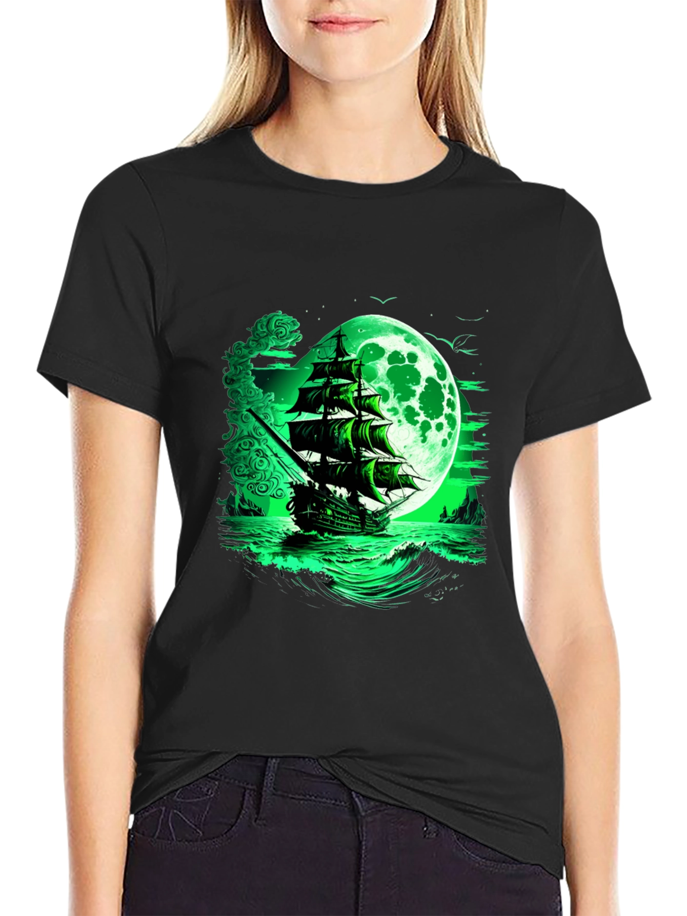Mystic Moon Pirate Ship Graphic Tee - Black