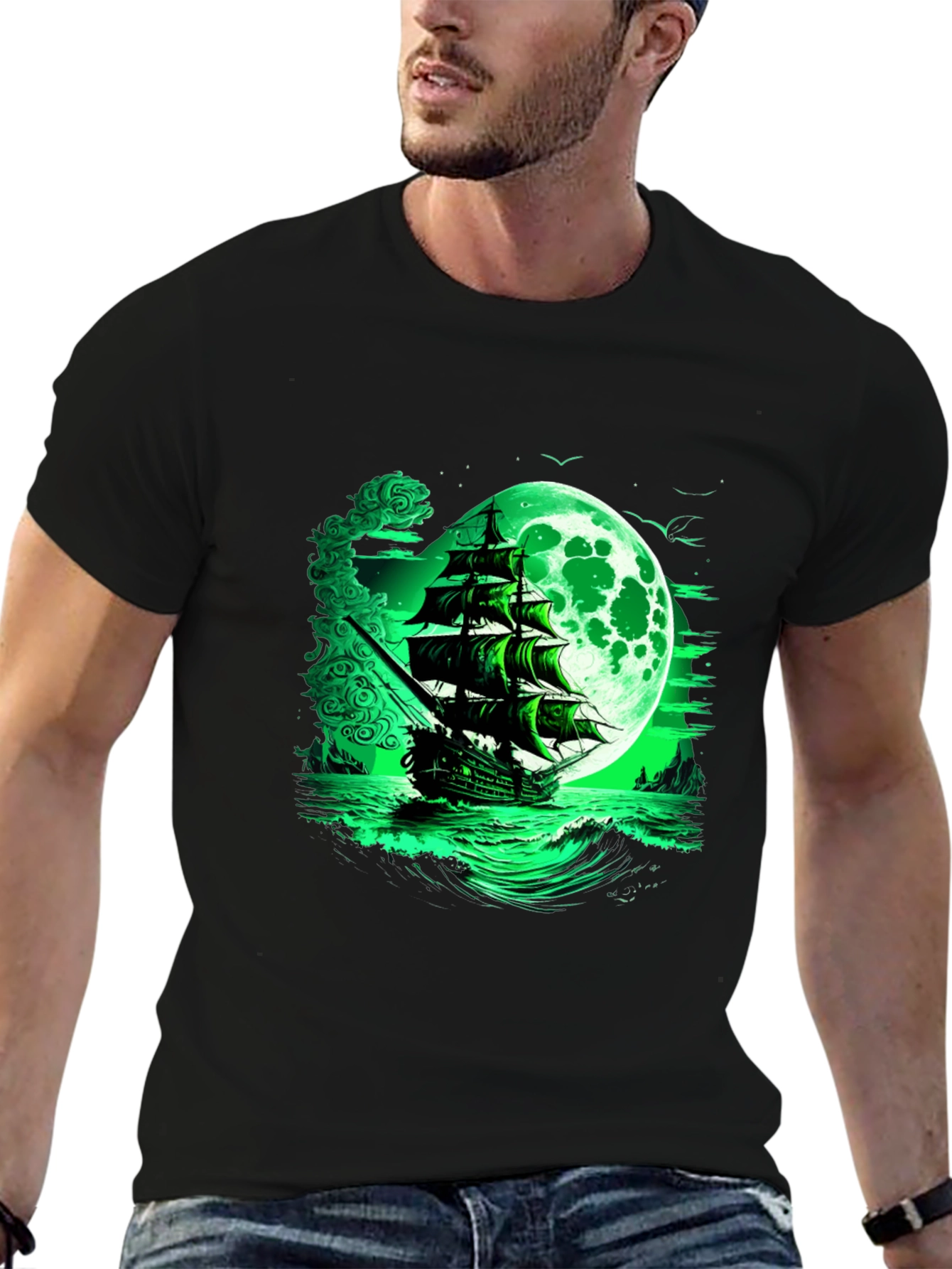 Mystic Moon Pirate Ship Graphic Tee - Black