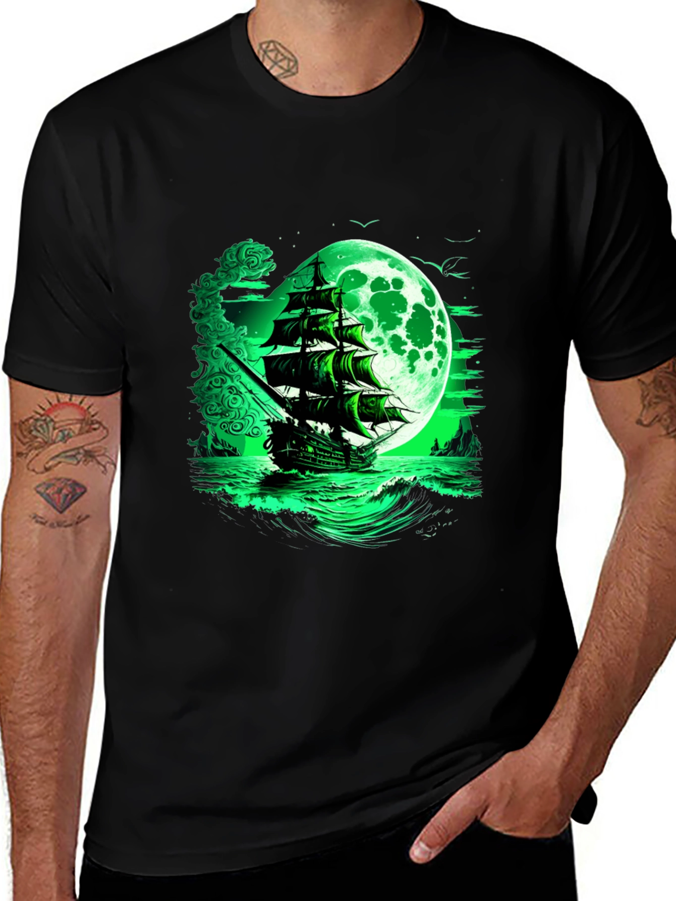 Mystic Moon Pirate Ship Graphic Tee - Black