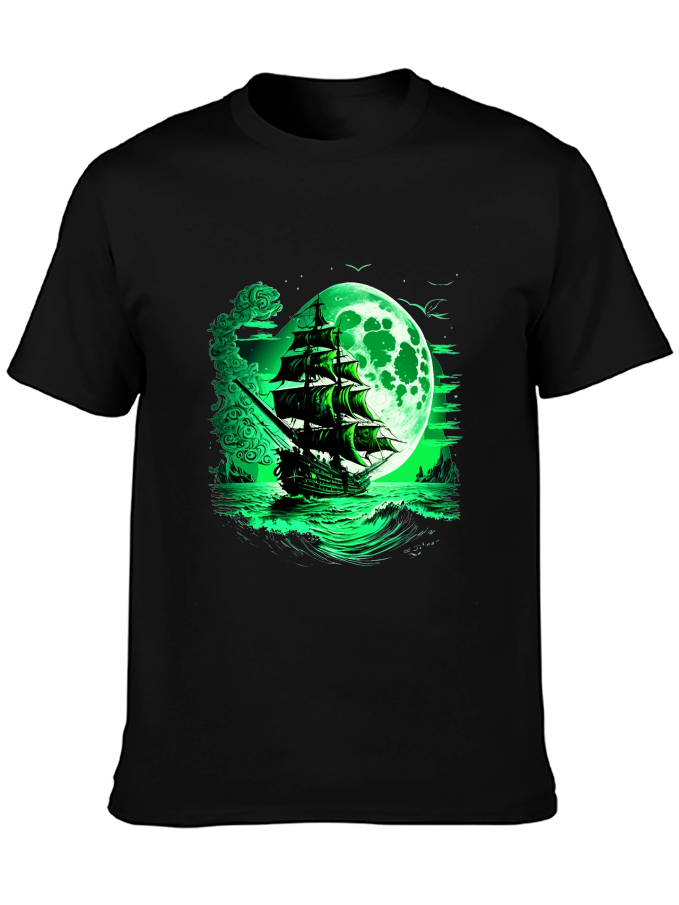 Mystic Moon Pirate Ship Graphic Tee - Black