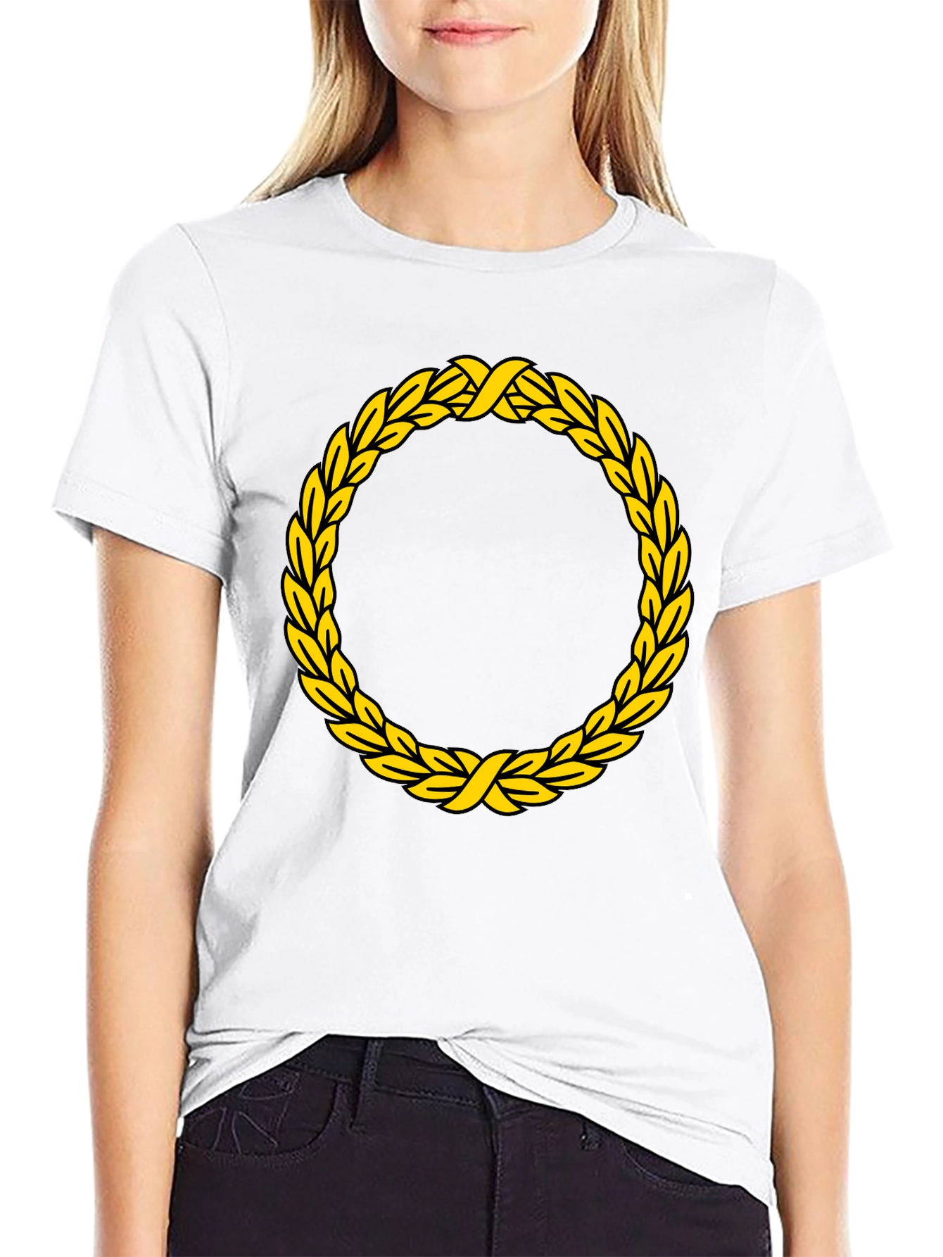 Black T-Shirt with Golden Wreath Design