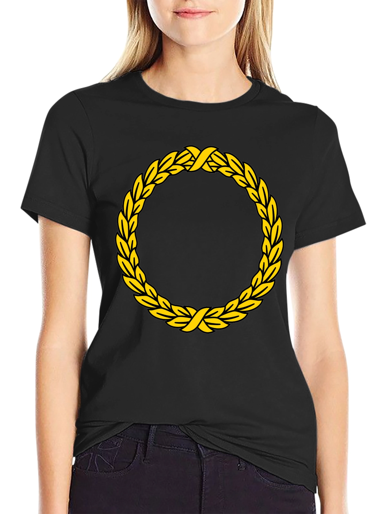 Black T-Shirt with Golden Wreath Design