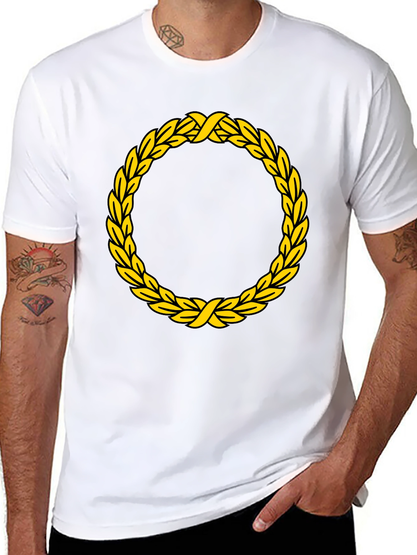 Black T-Shirt with Golden Wreath Design
