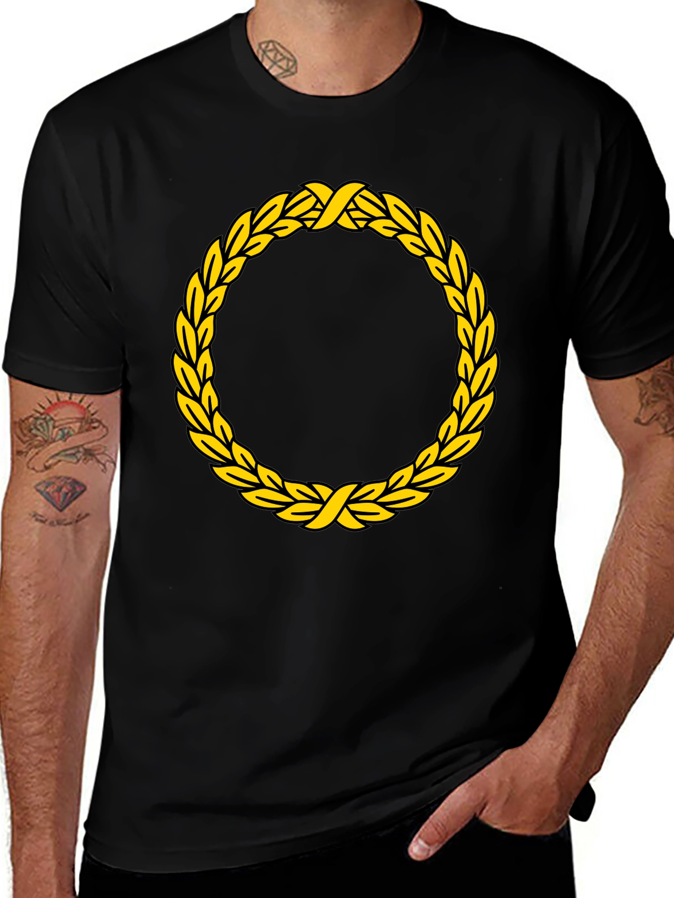 Black T-Shirt with Golden Wreath Design