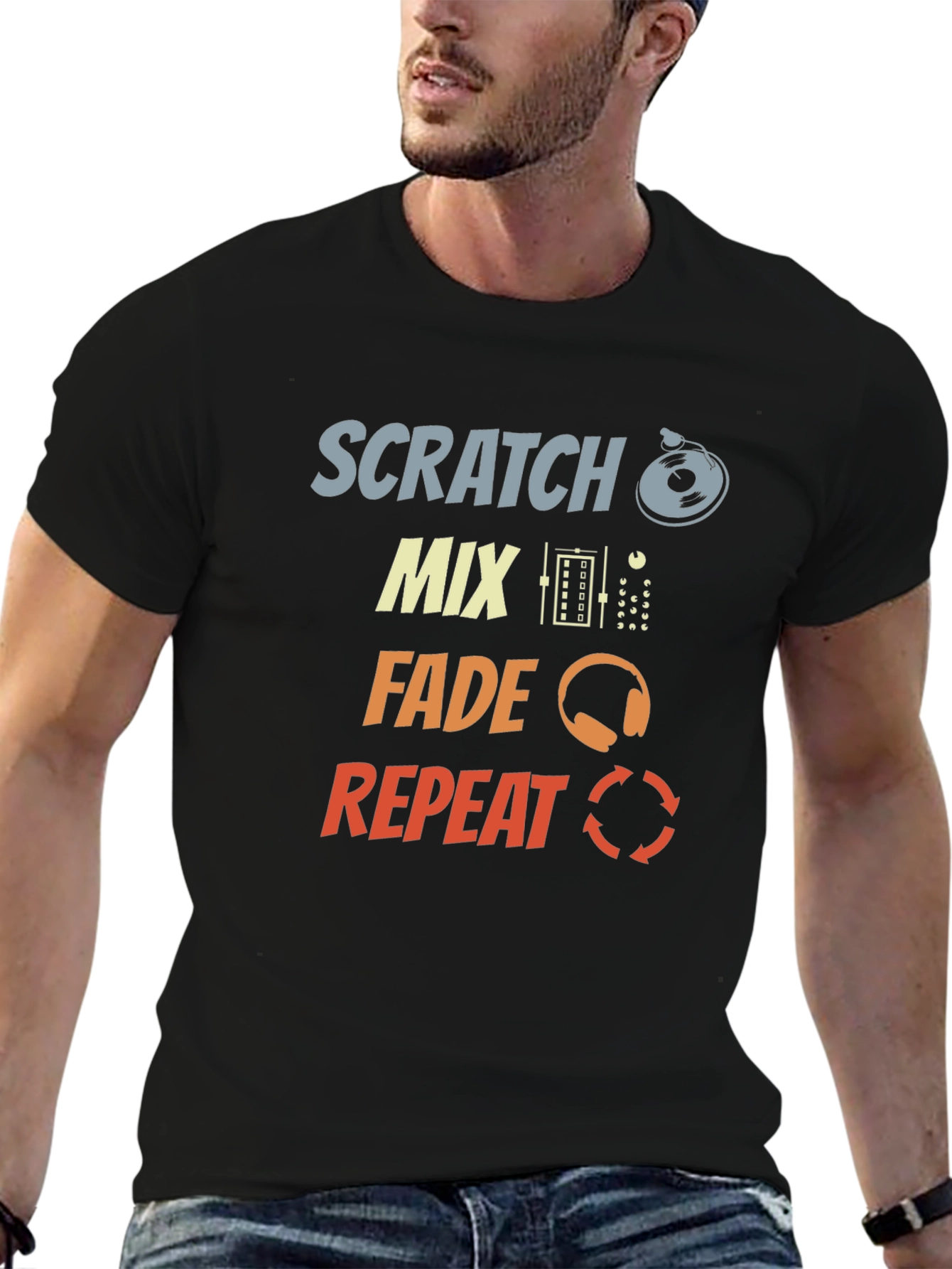 DJ Scratch Mix Fade Repeat Graphic Black T-Shirt