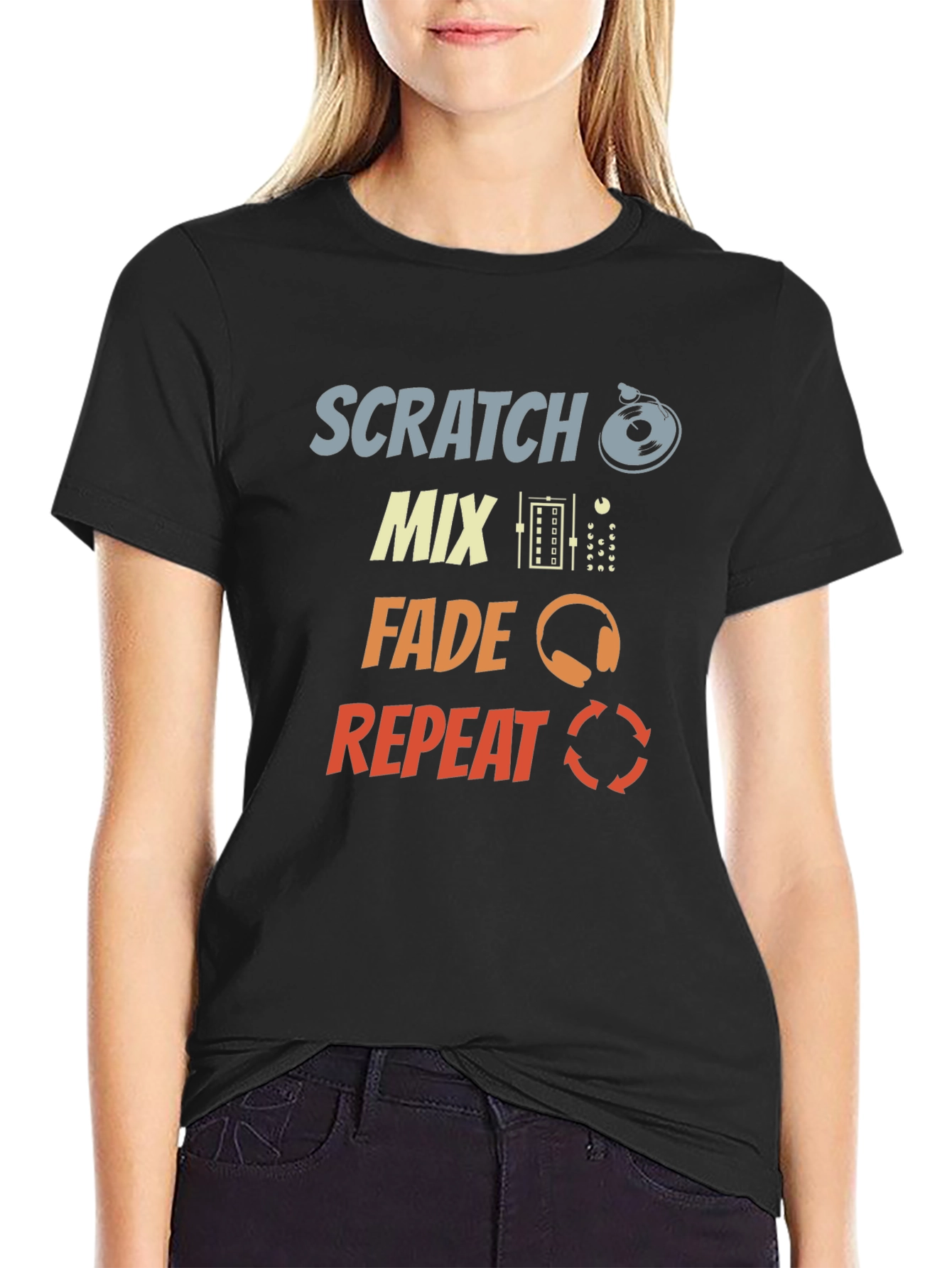 DJ Scratch Mix Fade Repeat Graphic Black T-Shirt