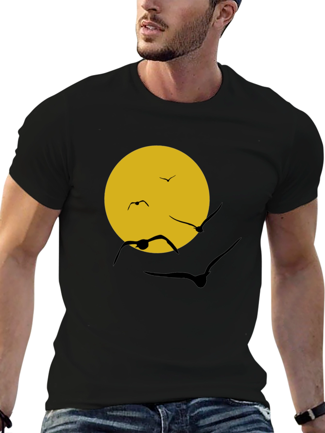 Black T-Shirt with Sun & Birds Graphic