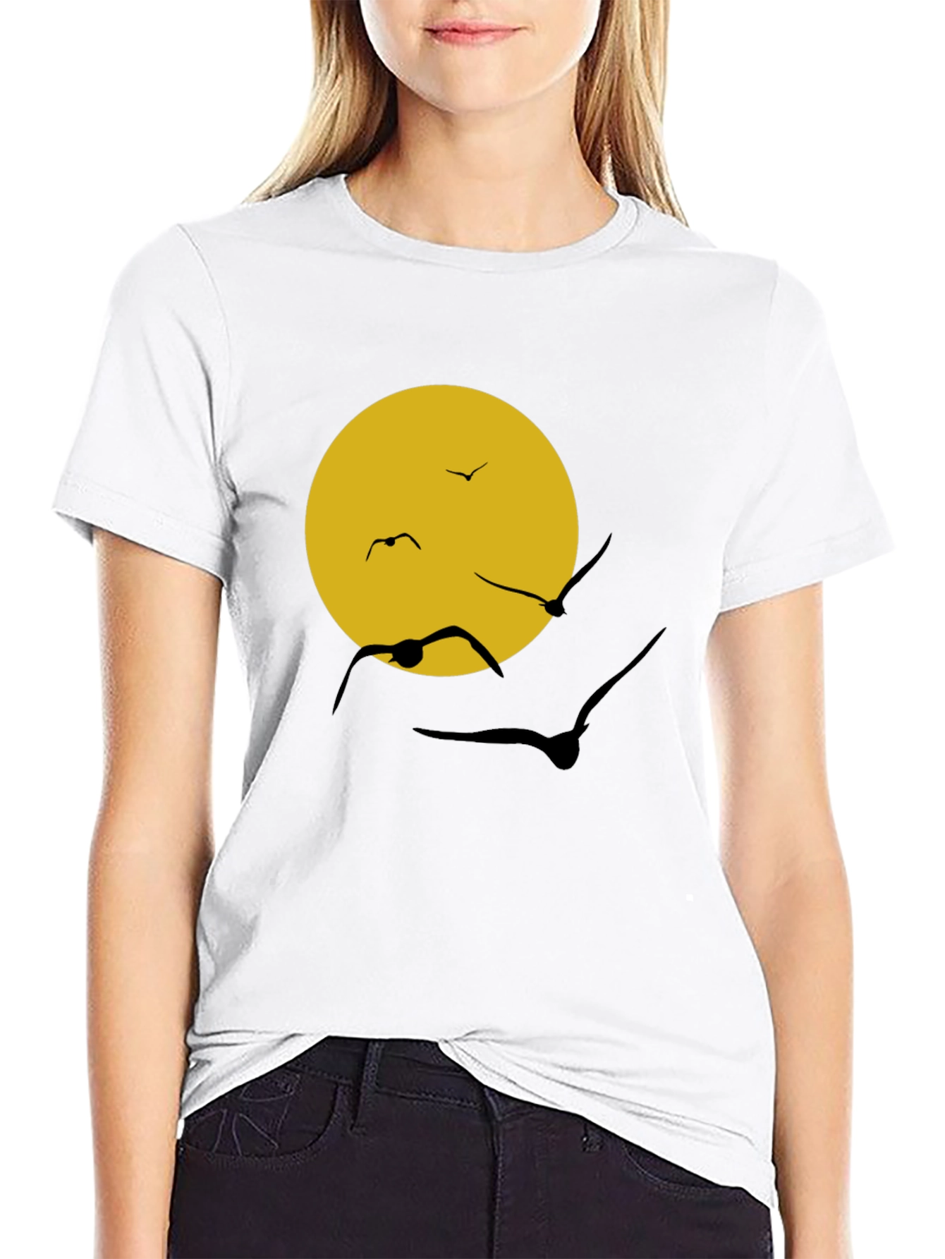 Black T-Shirt with Sun & Birds Graphic