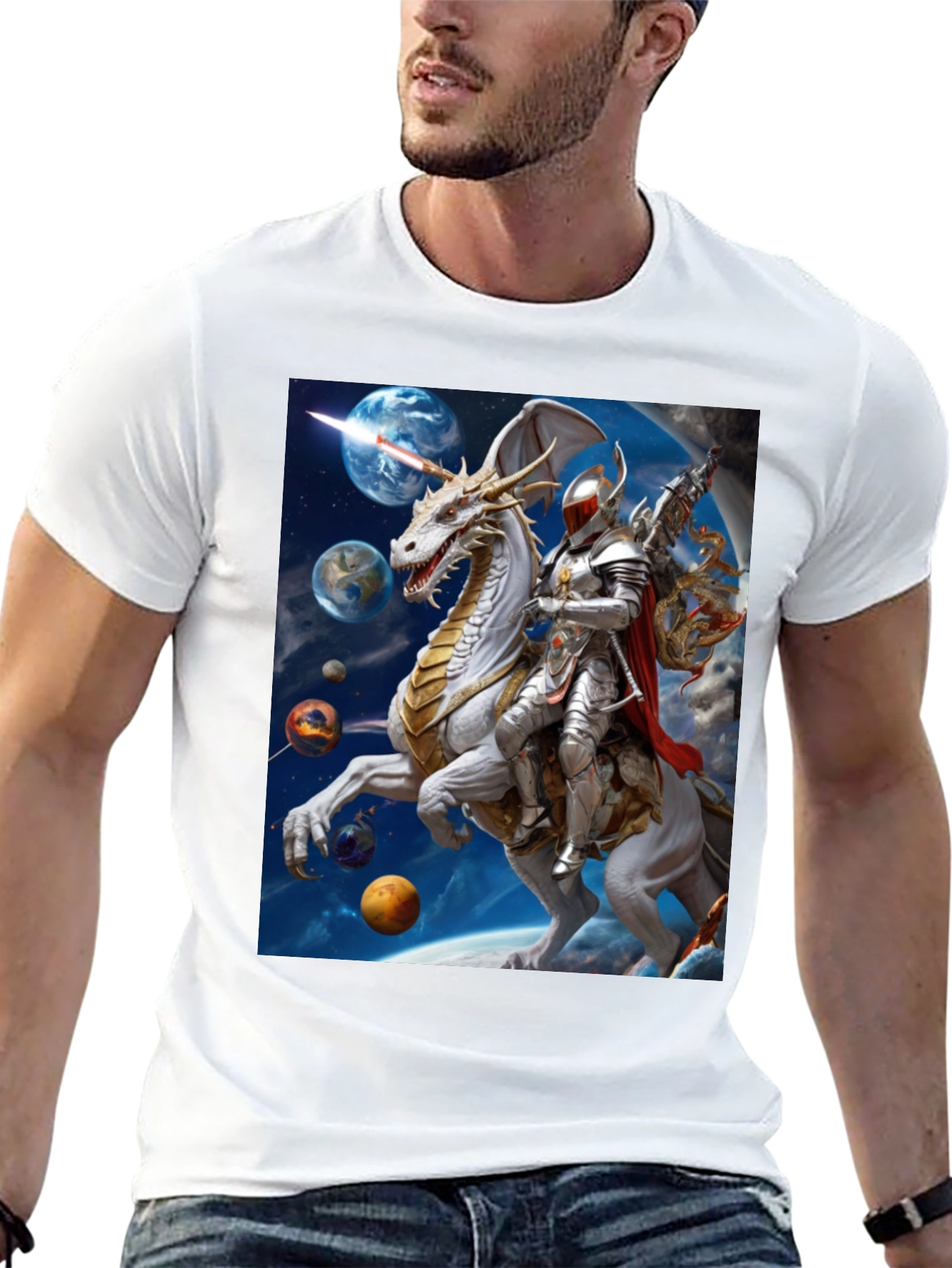 Knight Riding Dragon in Space T-Shirt