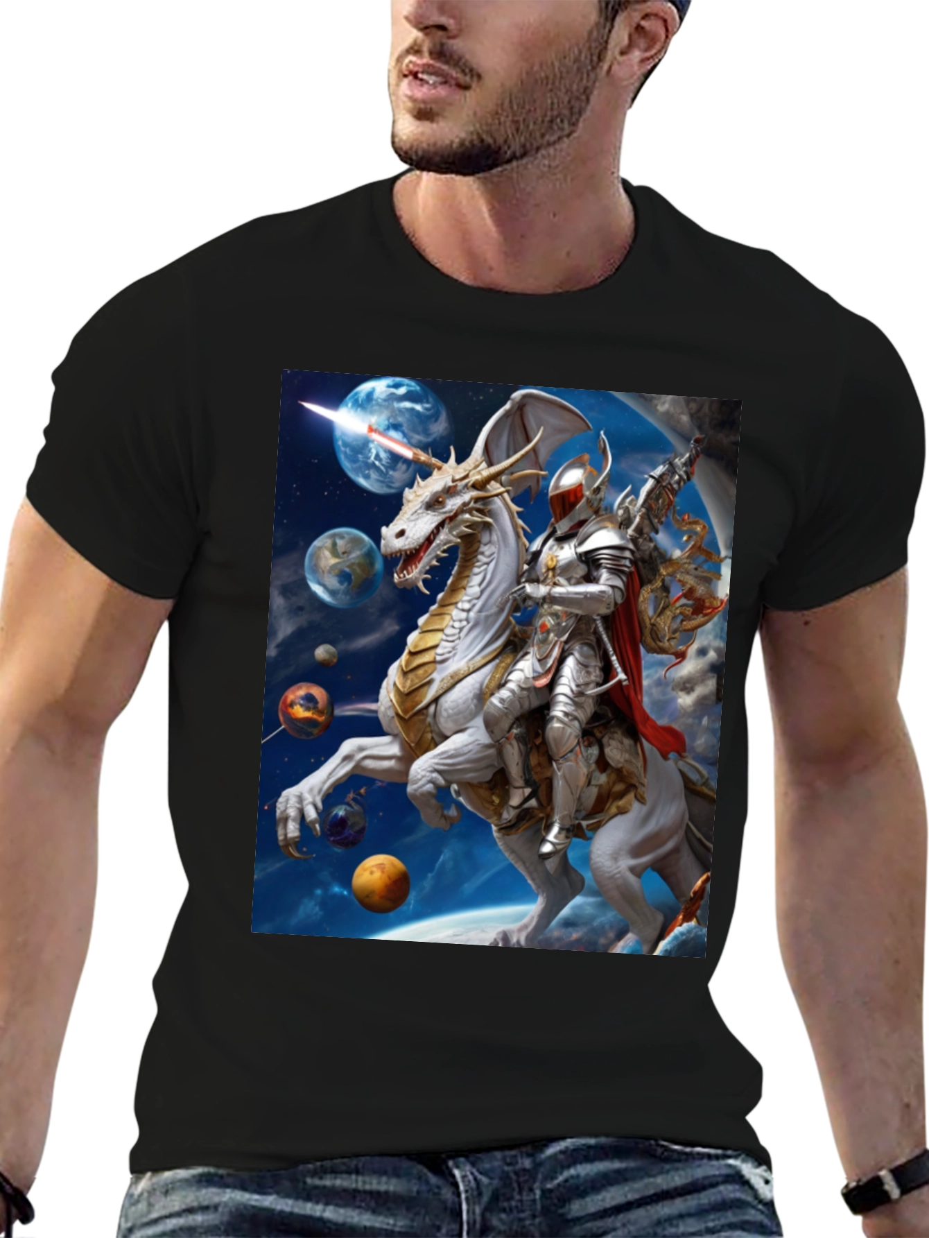 Knight Riding Dragon in Space T-Shirt
