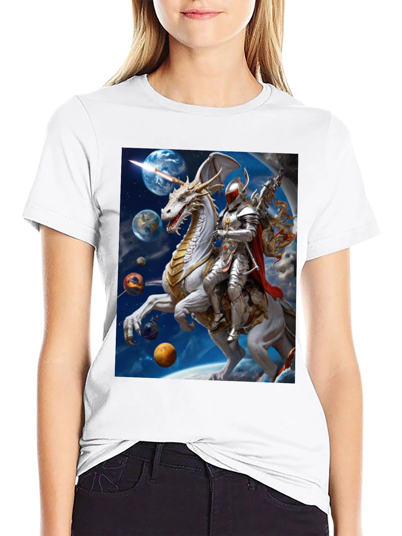 Knight Riding Dragon in Space T-Shirt
