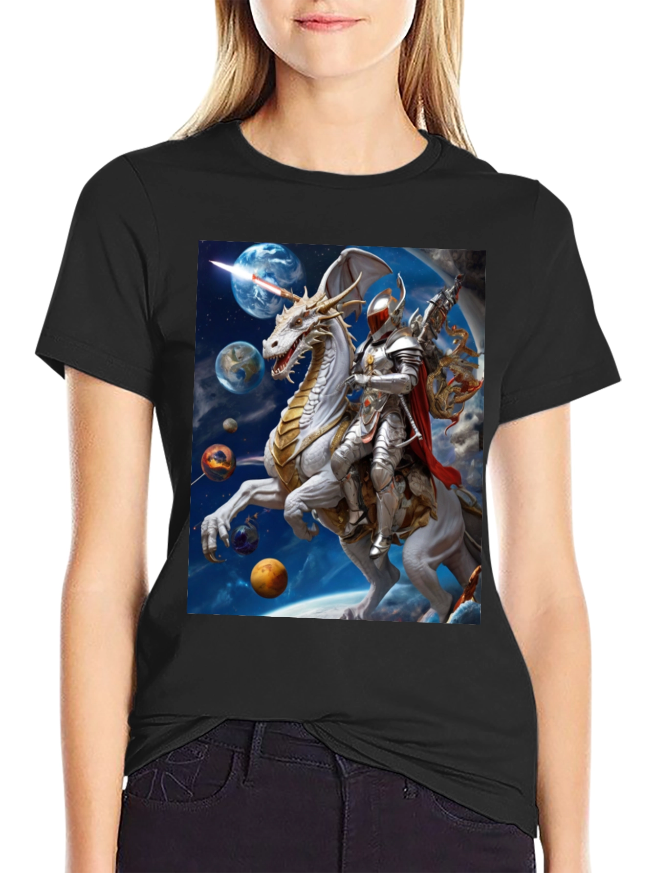 Knight Riding Dragon in Space T-Shirt