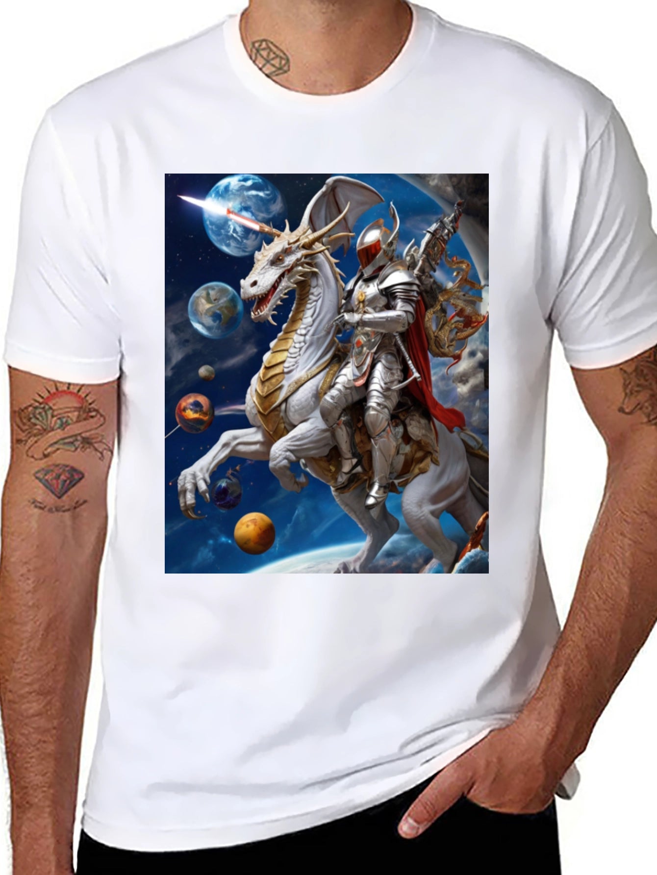 Knight Riding Dragon in Space T-Shirt