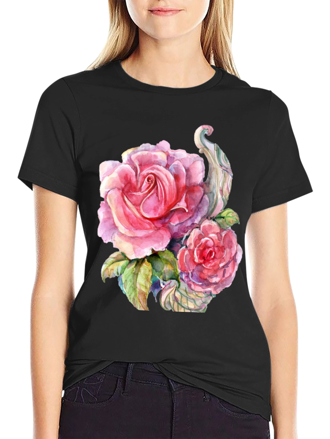 Floral Rose Graphic Black T-Shirt