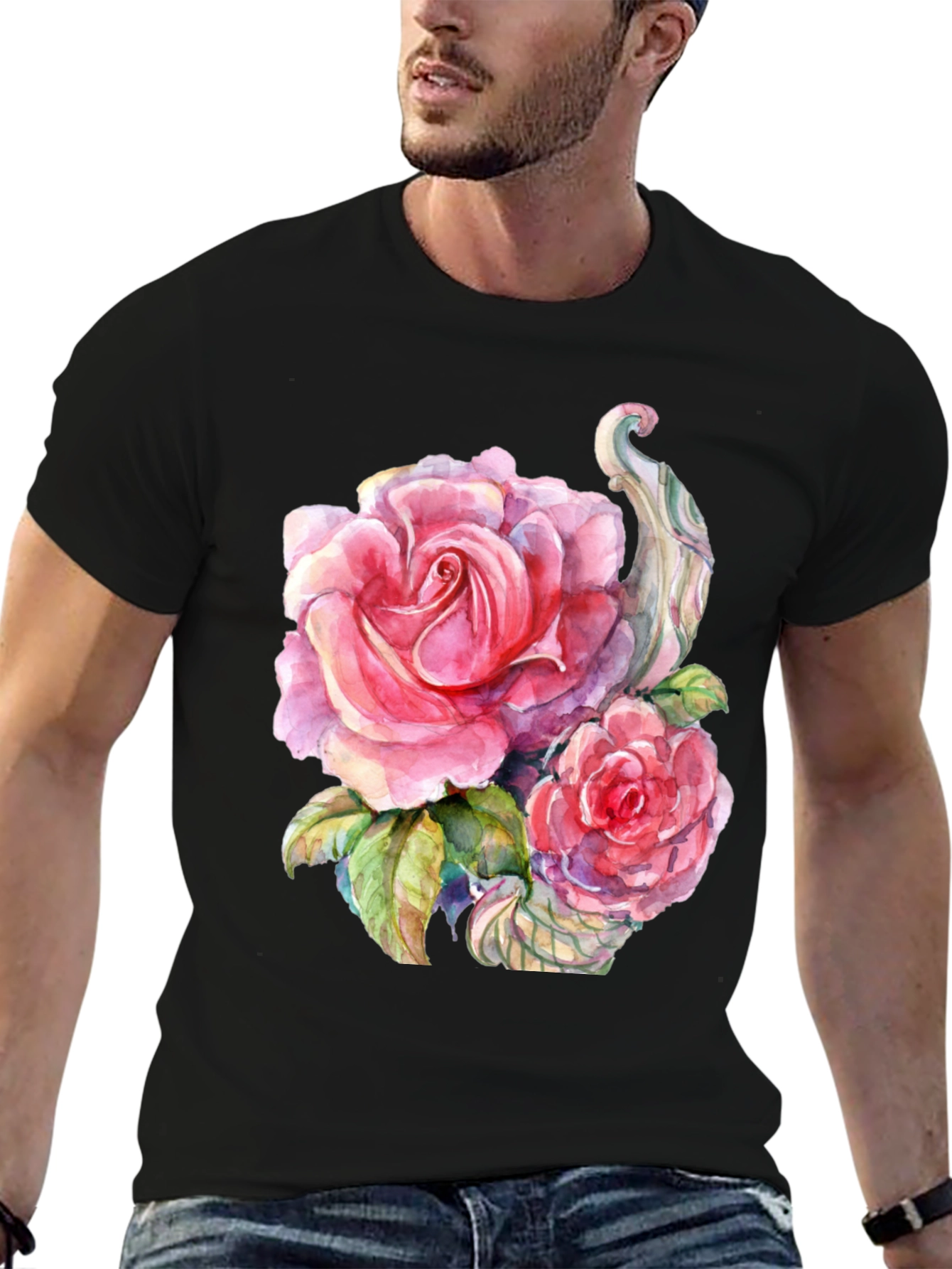 Floral Rose Graphic Black T-Shirt