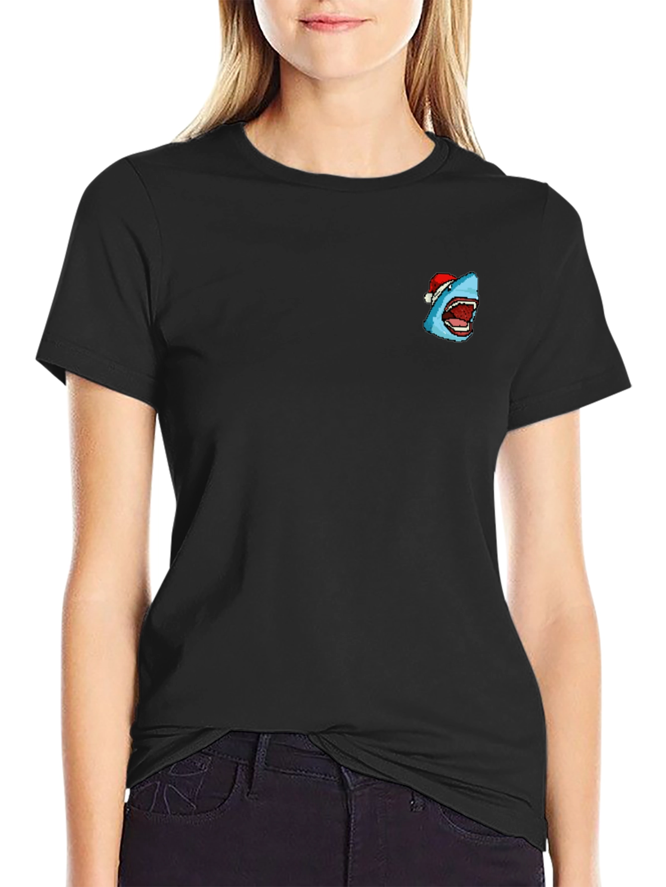 Festive Shark Graphic Tee - Black Cotton Blend