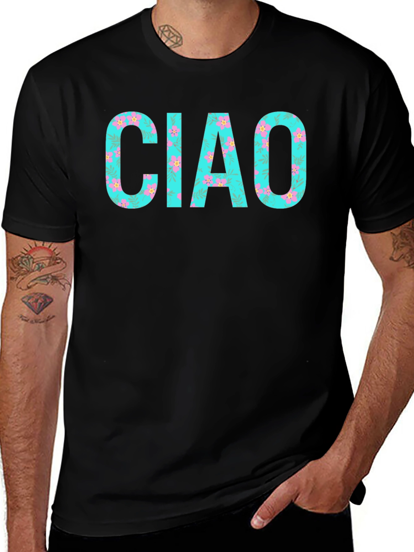 Ciao Floral Print Black T-Shirt