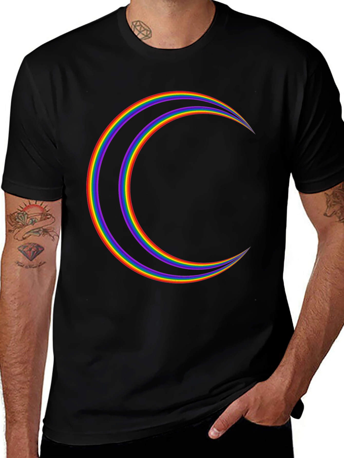 Rainbow Crescent Moon Graphic Tee - Black