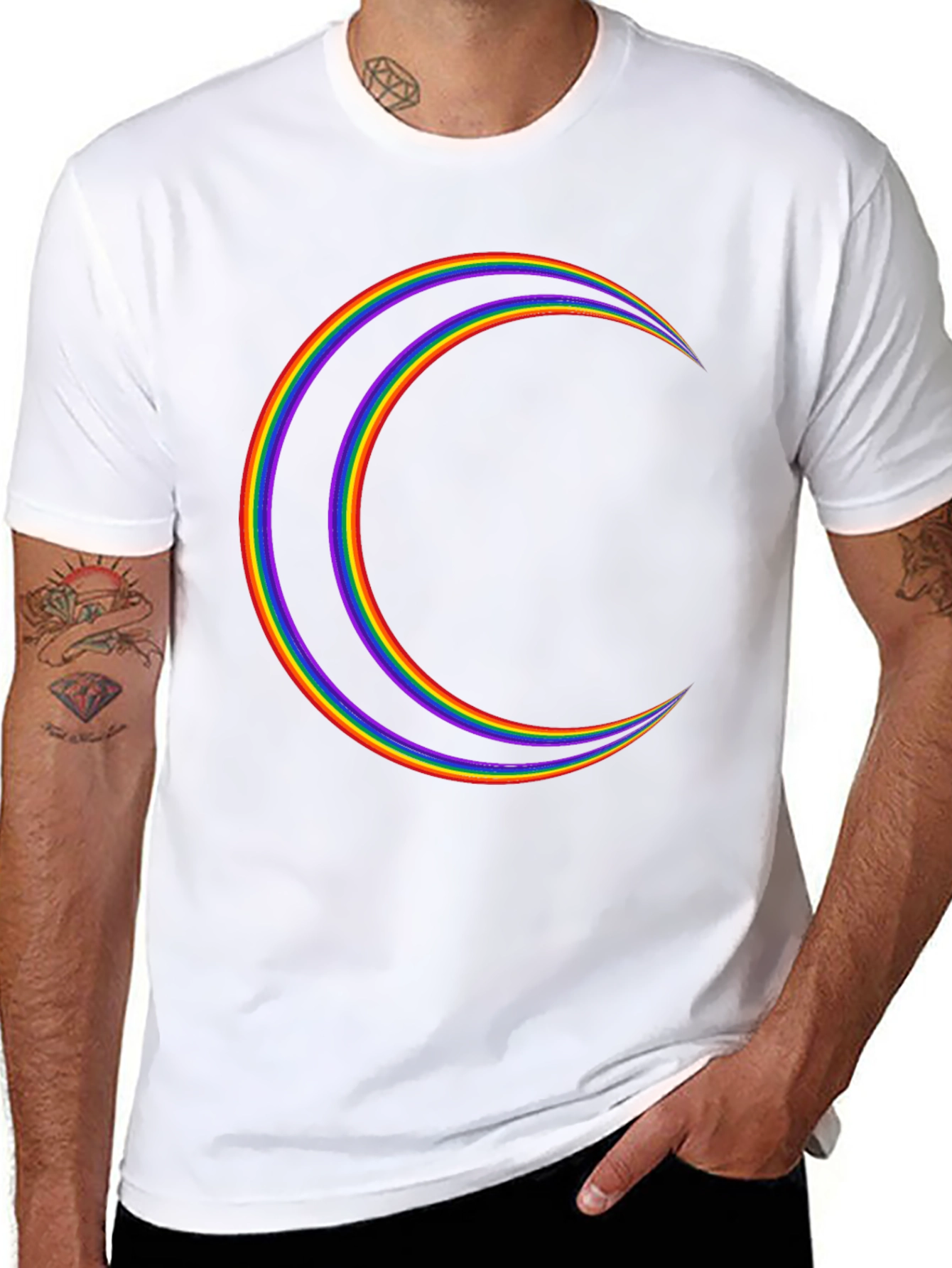 Rainbow Crescent Moon Graphic Tee - Black