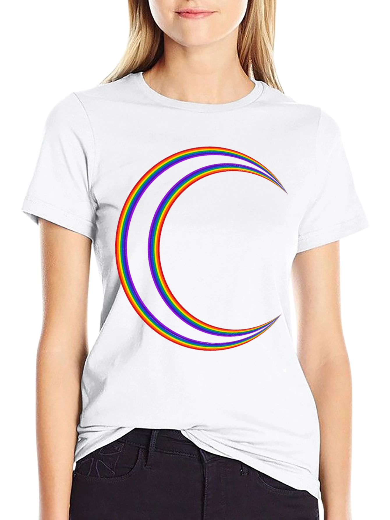Rainbow Crescent Moon Graphic Tee - Black