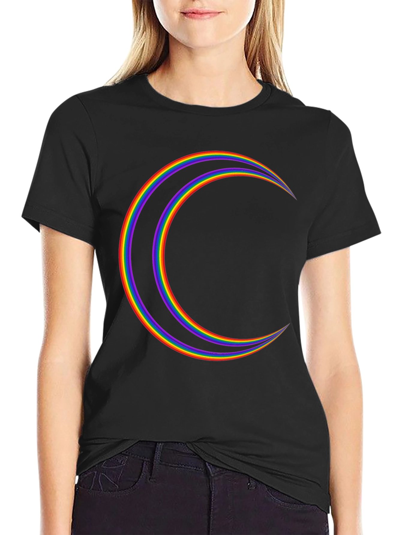 Rainbow Crescent Moon Graphic Tee - Black