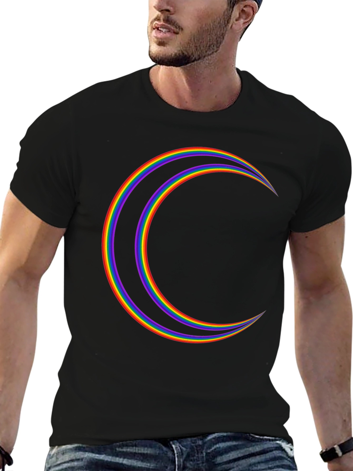 Rainbow Crescent Moon Graphic Tee - Black