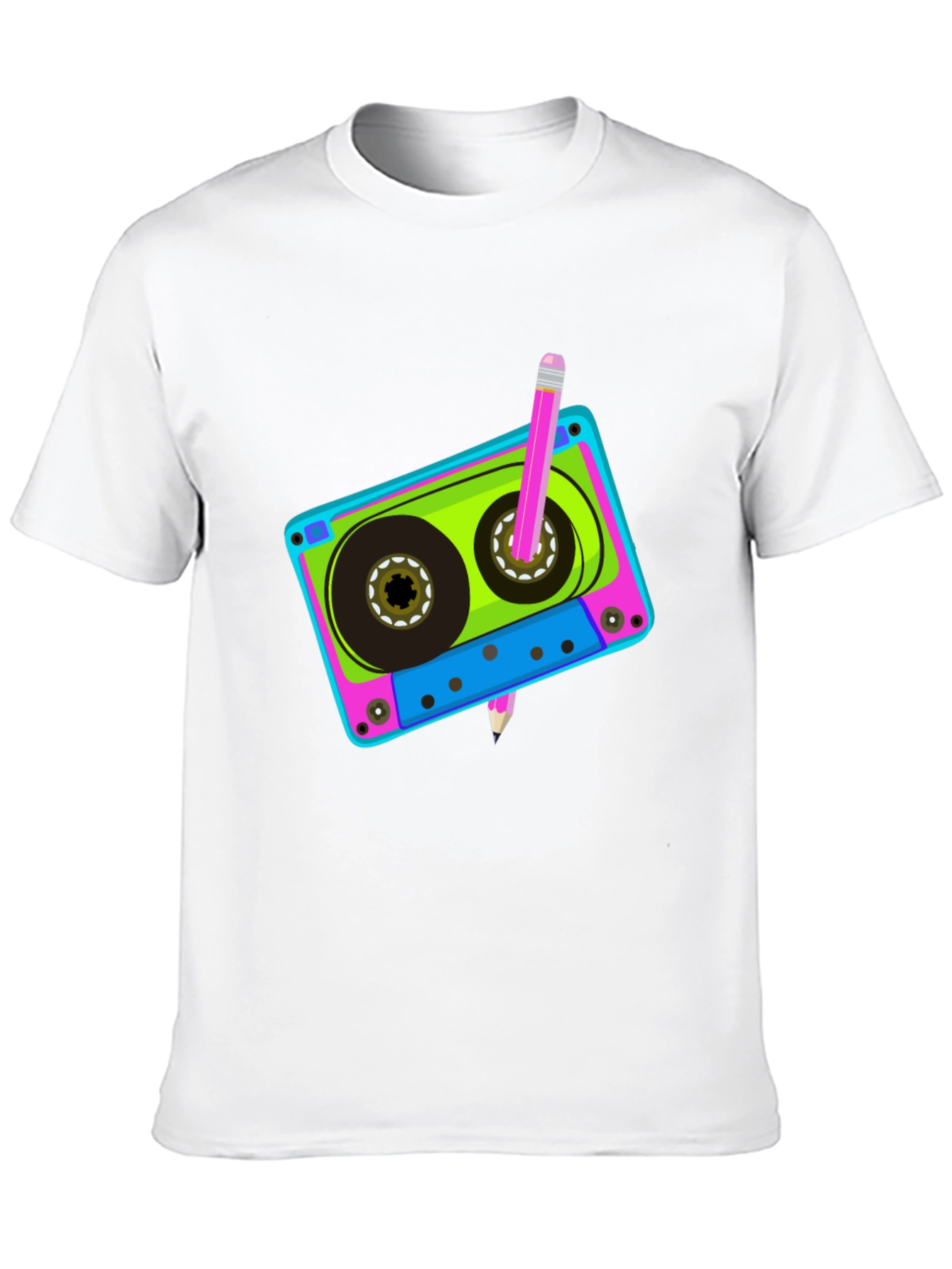 Retro Cassette Tape & Pencil Black T-Shirt