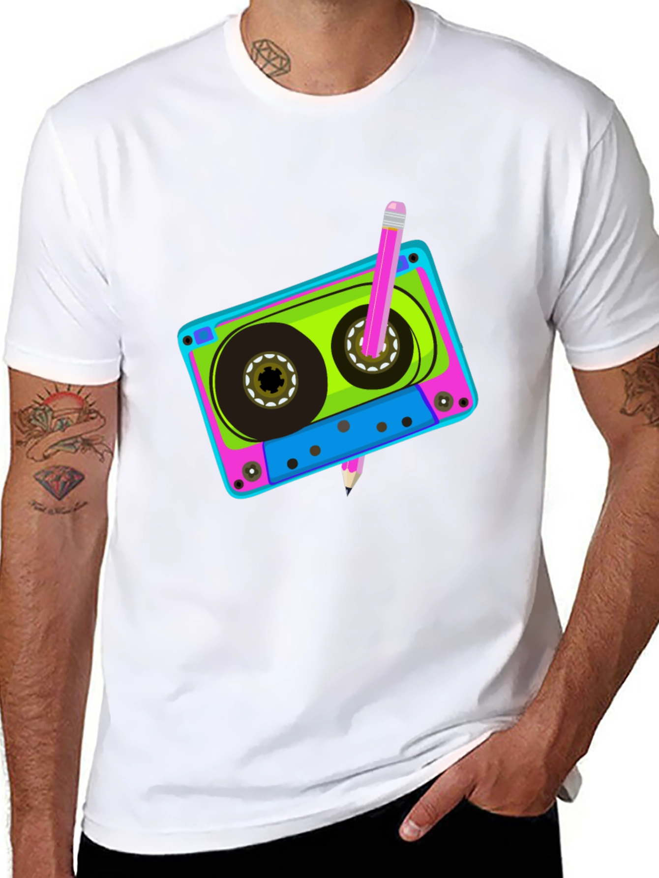 Retro Cassette Tape & Pencil Black T-Shirt