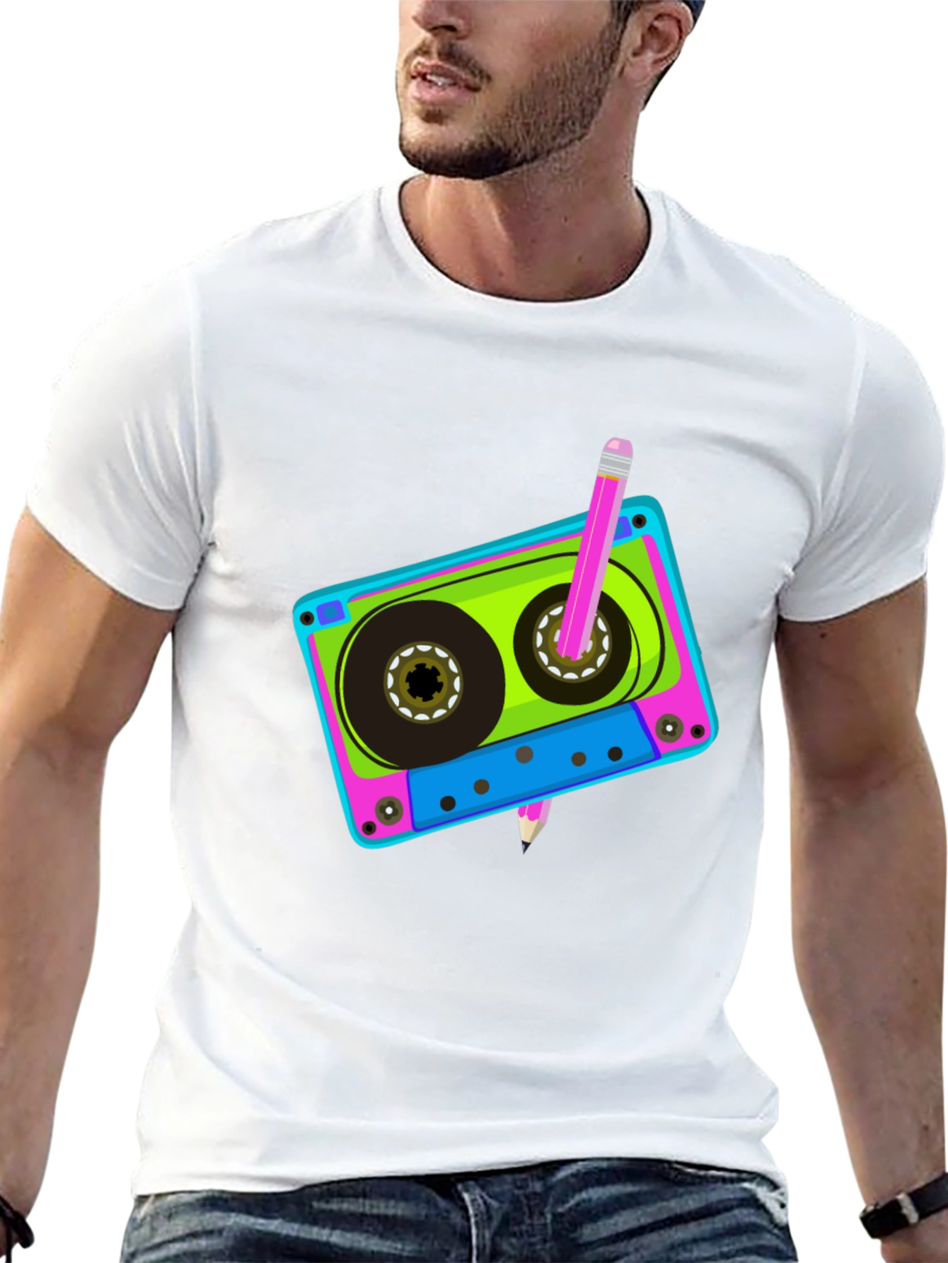 Retro Cassette Tape & Pencil Black T-Shirt