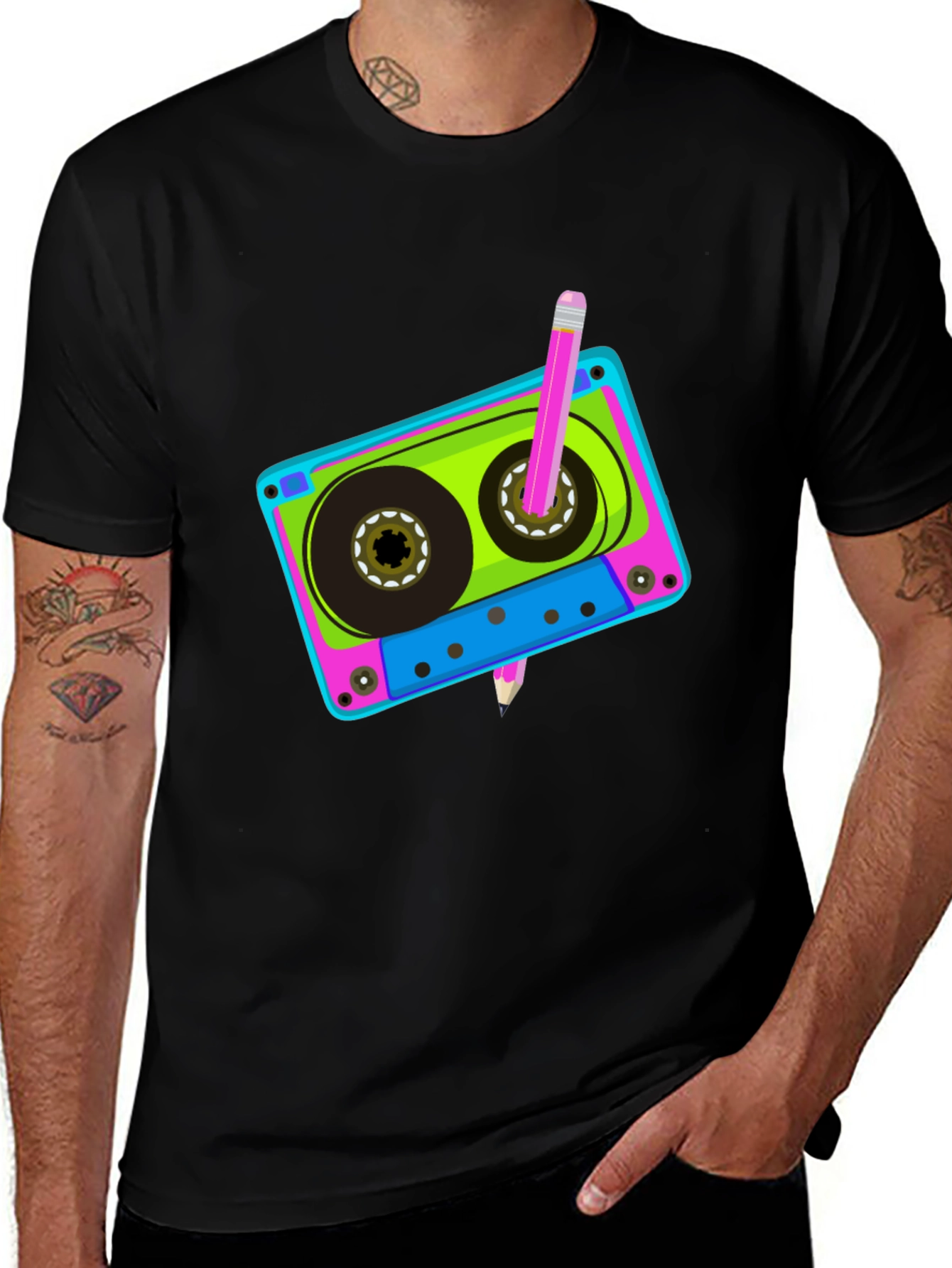 Retro Cassette Tape & Pencil Black T-Shirt