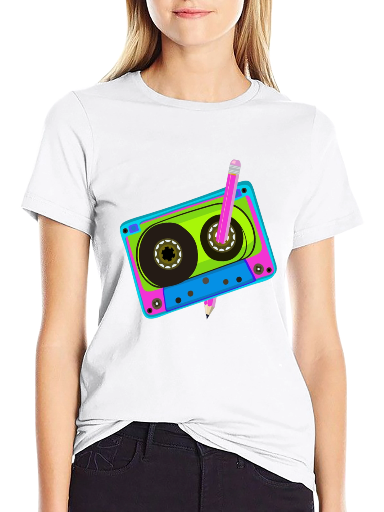 Retro Cassette Tape & Pencil Black T-Shirt