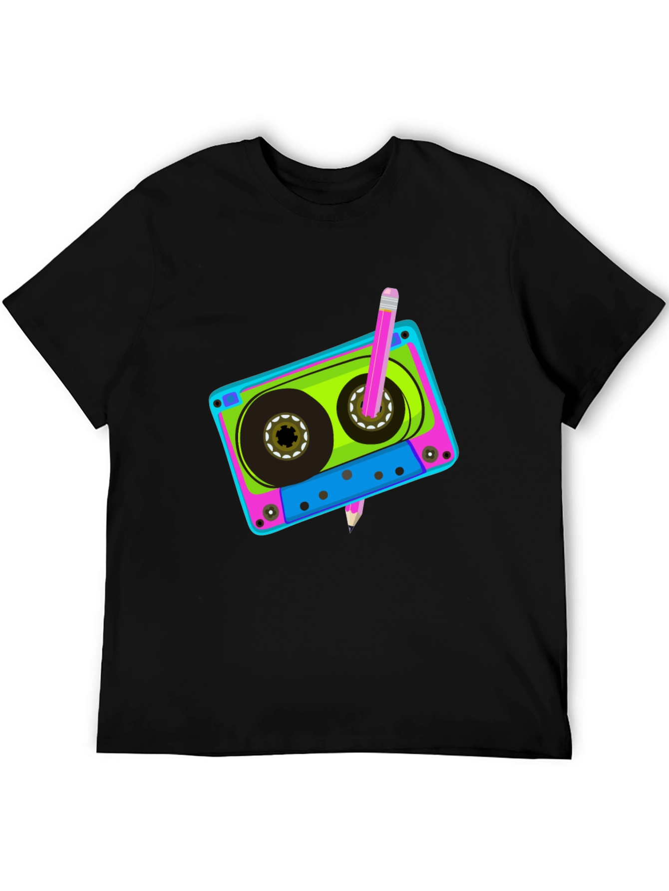 Retro Cassette Tape & Pencil Black T-Shirt
