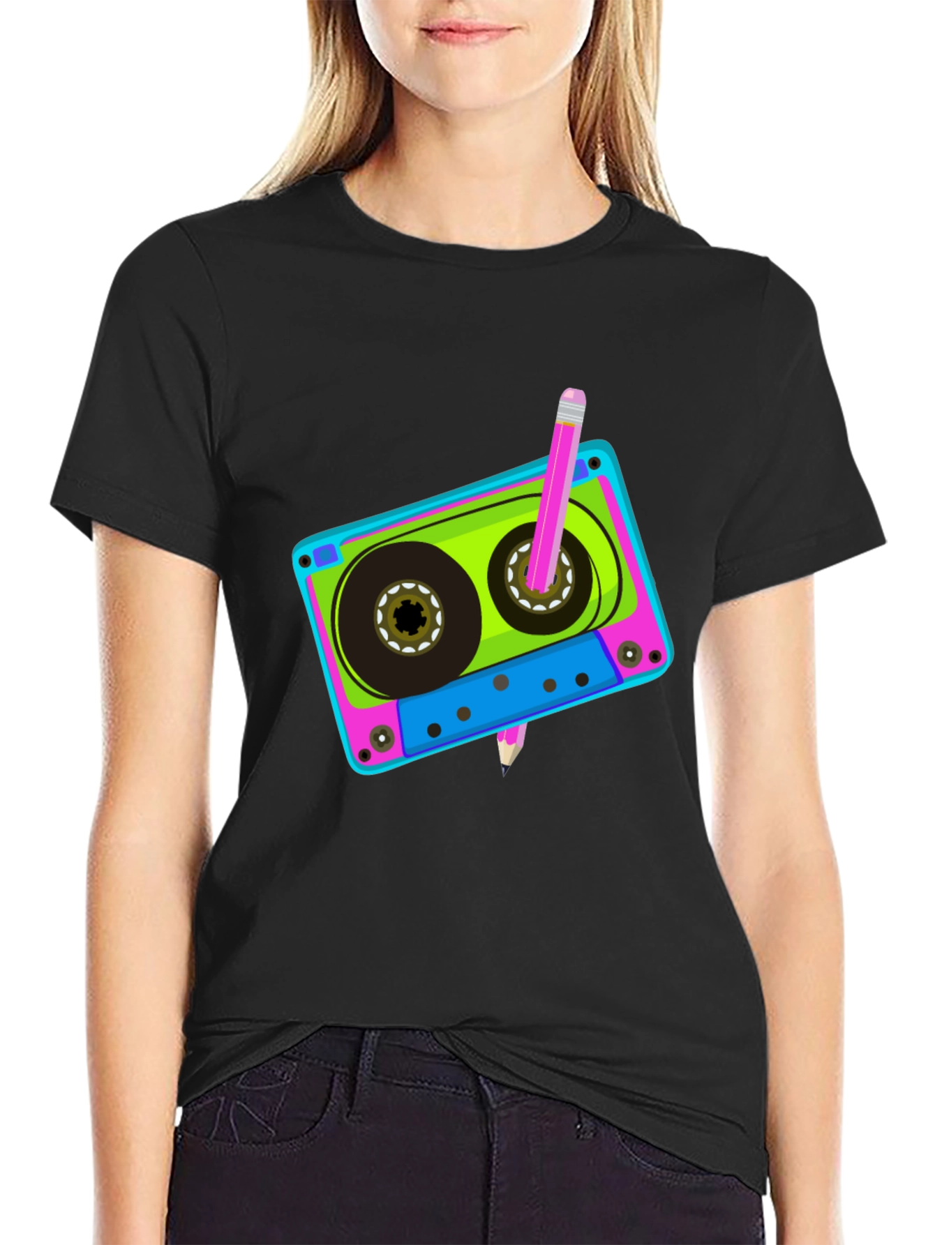 Retro Cassette Tape & Pencil Black T-Shirt