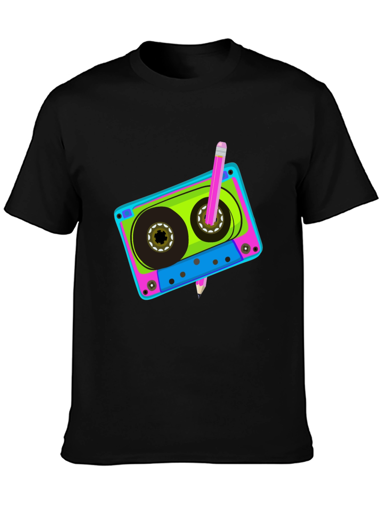 Retro Cassette Tape & Pencil Black T-Shirt