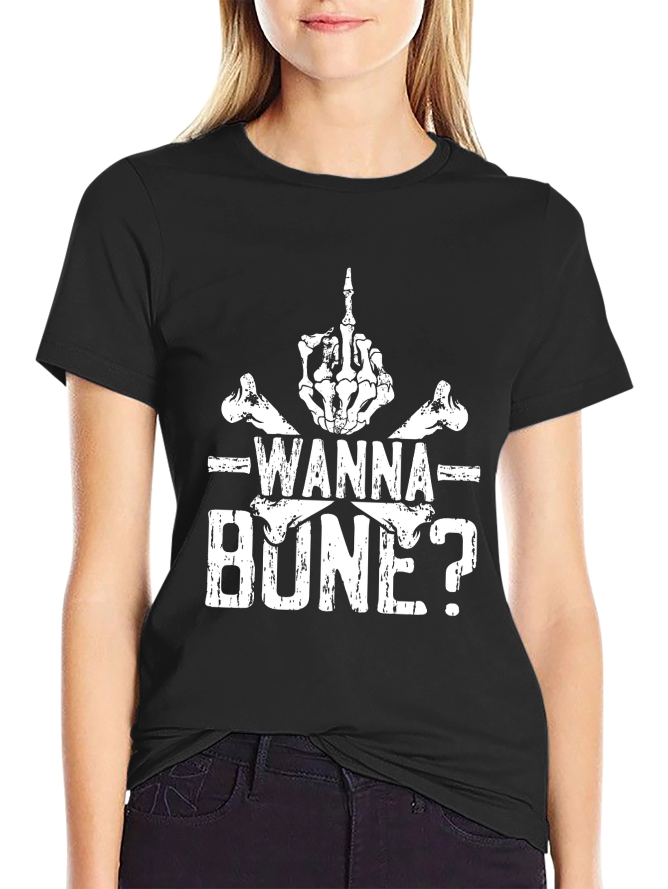Wanna Bone? Skeleton Hand Graphic Black T-Shirt