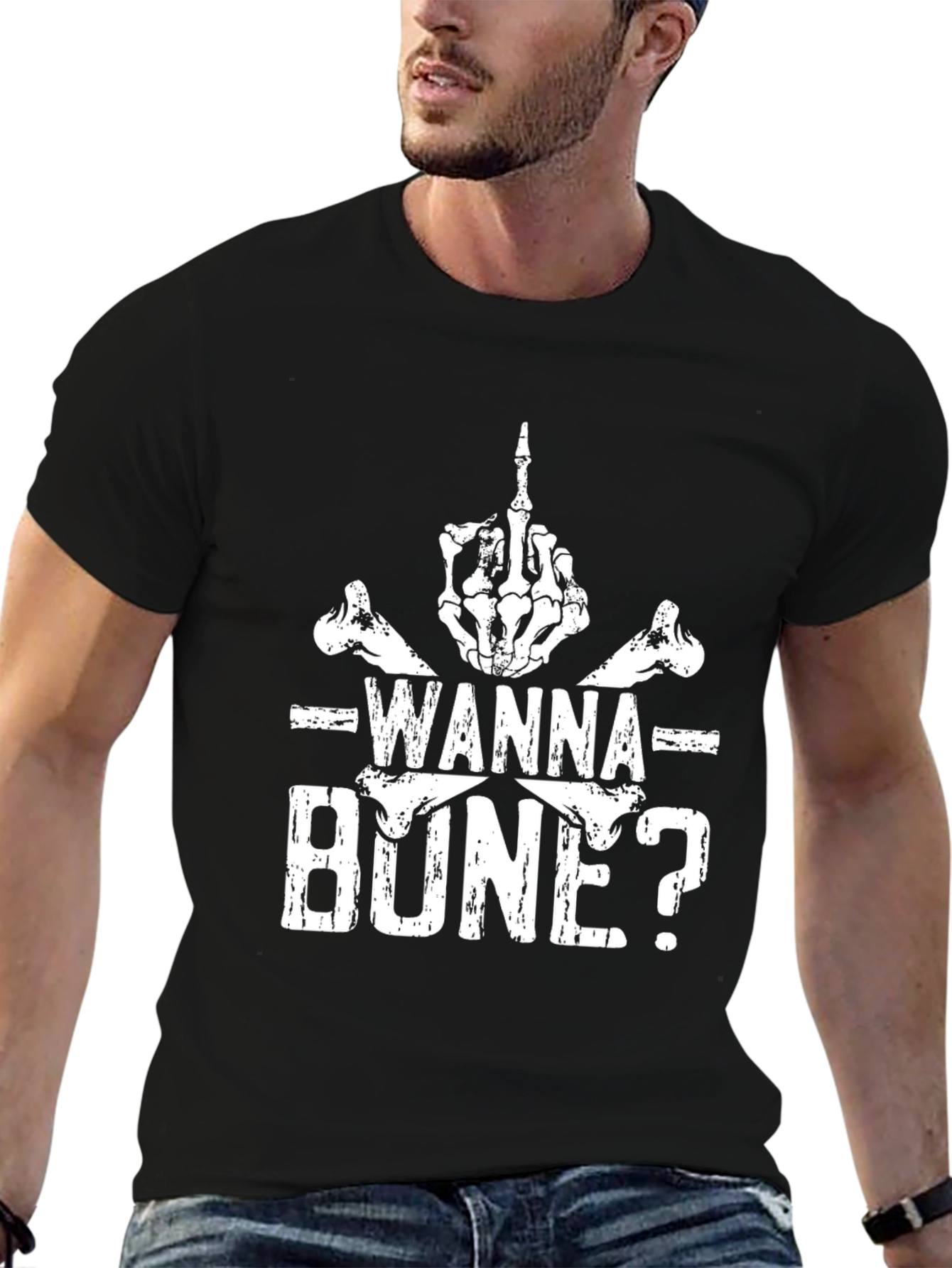 Wanna Bone? Skeleton Hand Graphic Black T-Shirt