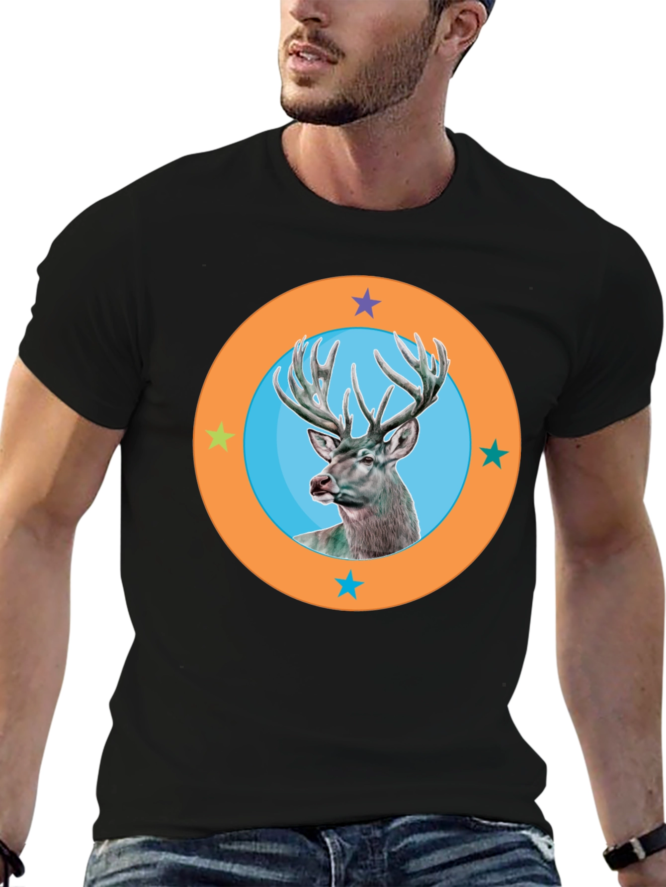 Deer Circle Graphic Tee - Black