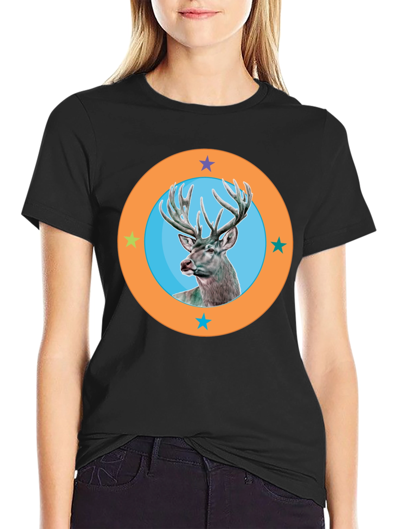Deer Circle Graphic Tee - Black