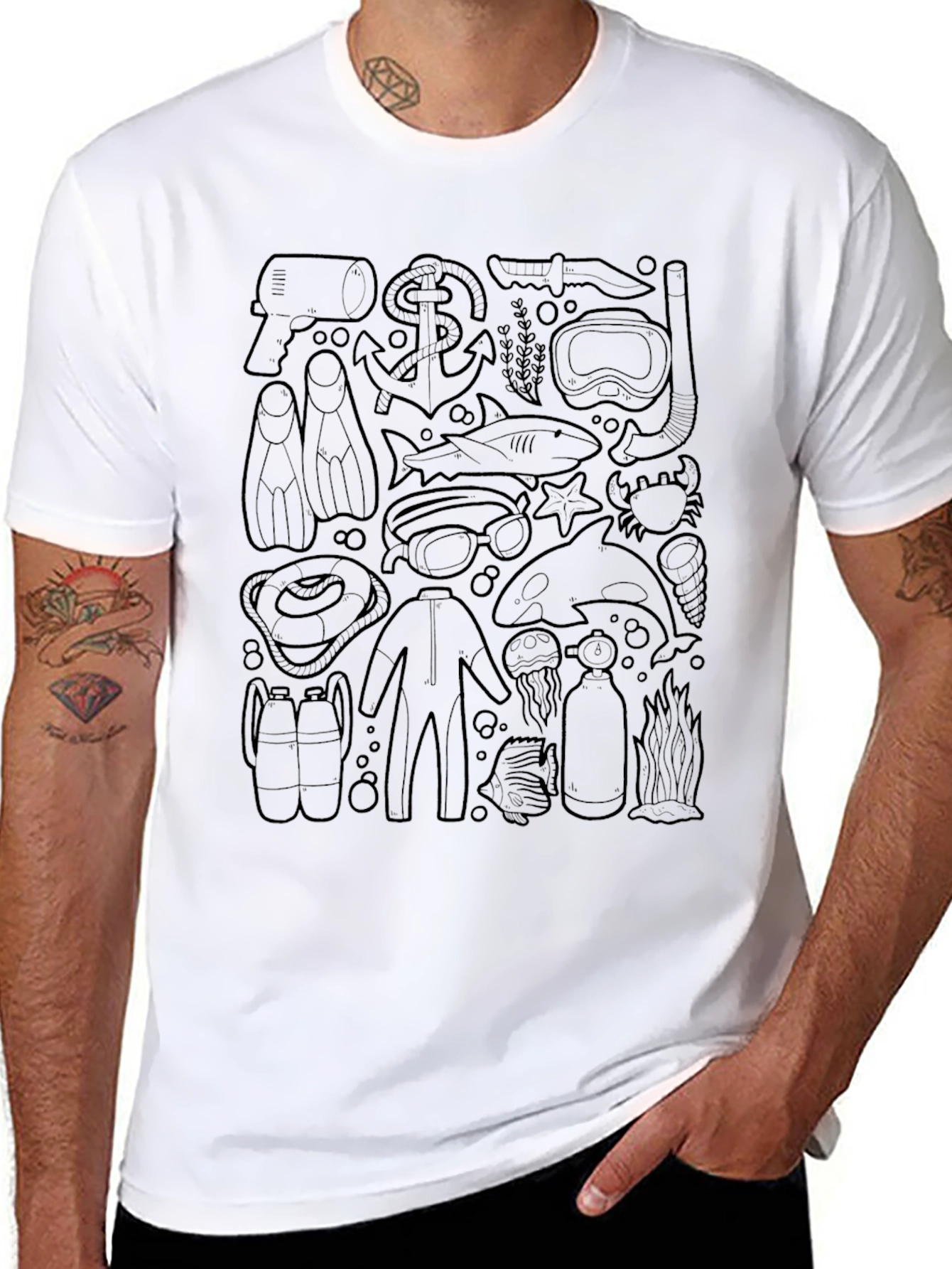 Diving T-Shirt: Scuba Gear & Marine Life Design