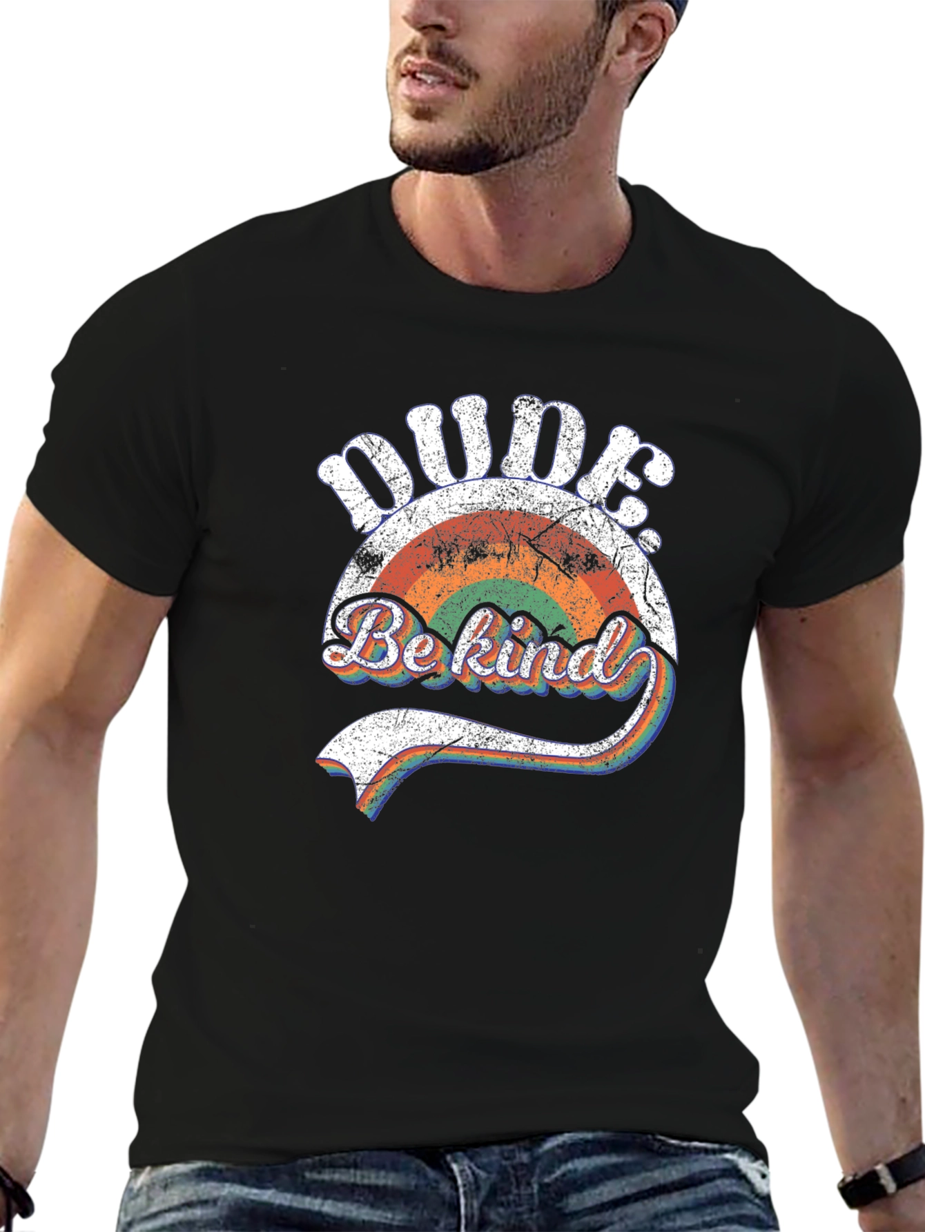 Dude Be Kind Retro Rainbow Graphic Tee