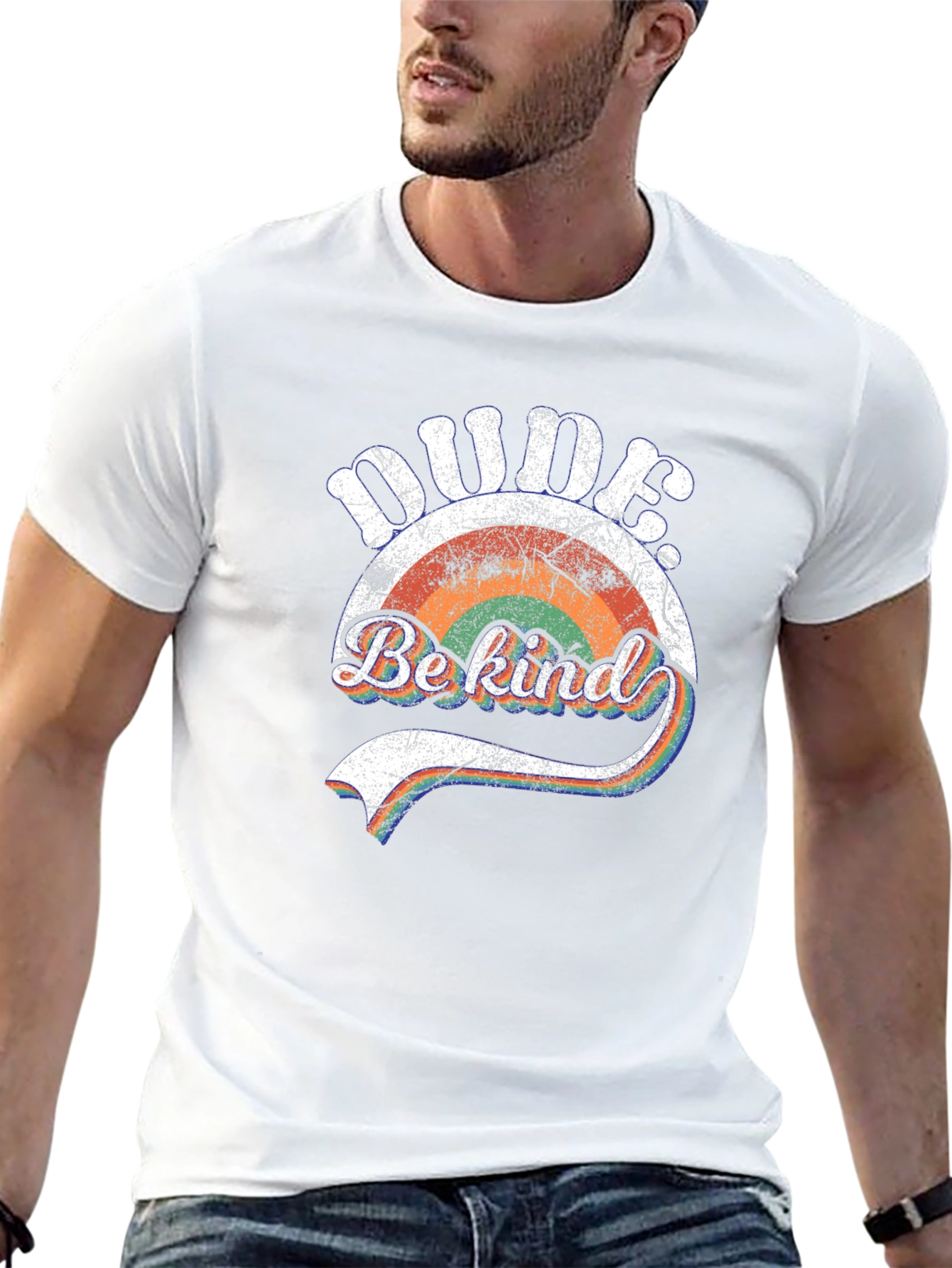 Dude Be Kind Retro Rainbow Graphic Tee