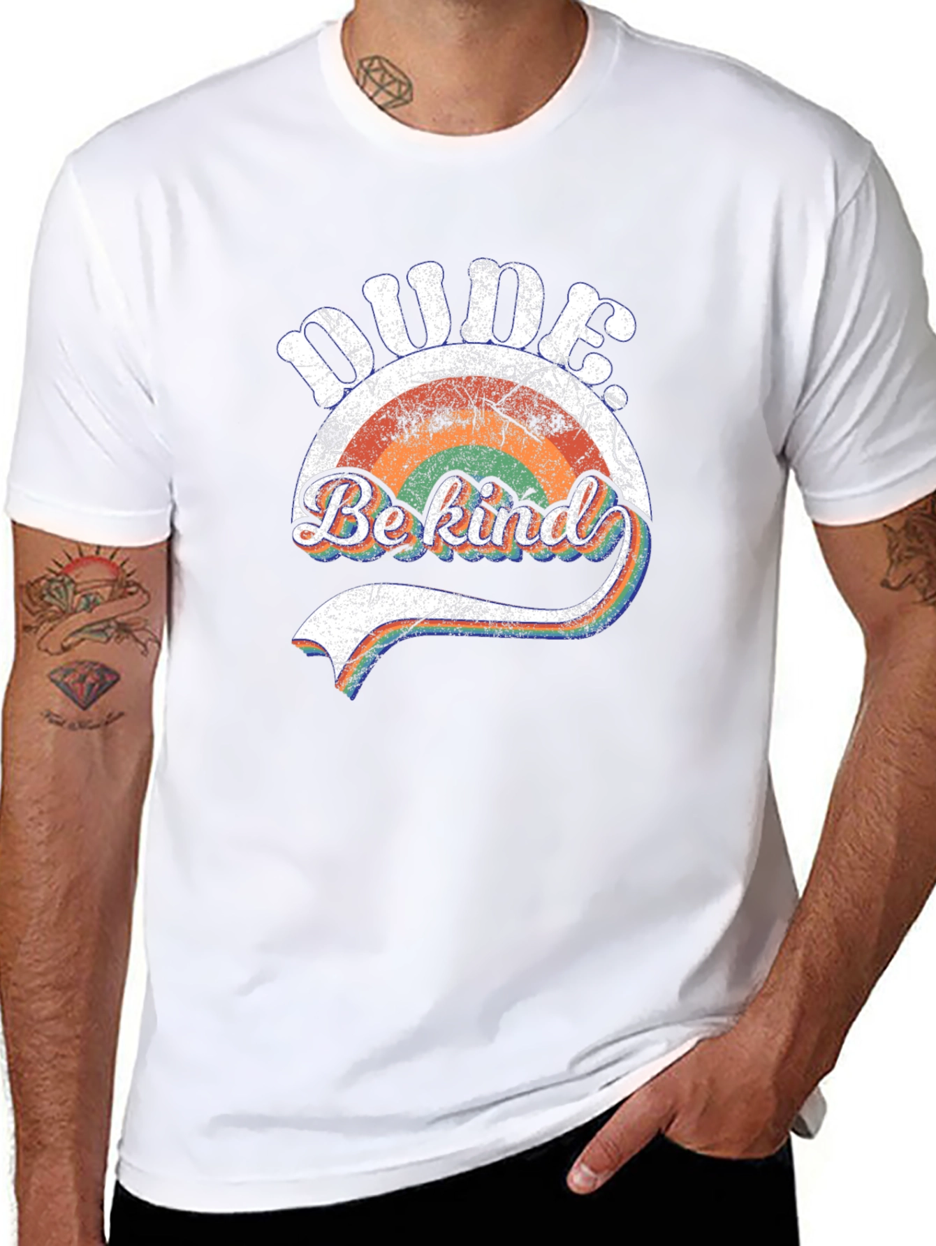 Dude Be Kind Retro Rainbow Graphic Tee