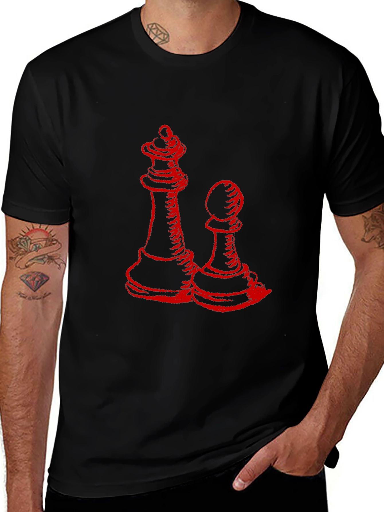 Red Chess Queen & Pawn Graphic Black T-Shirt