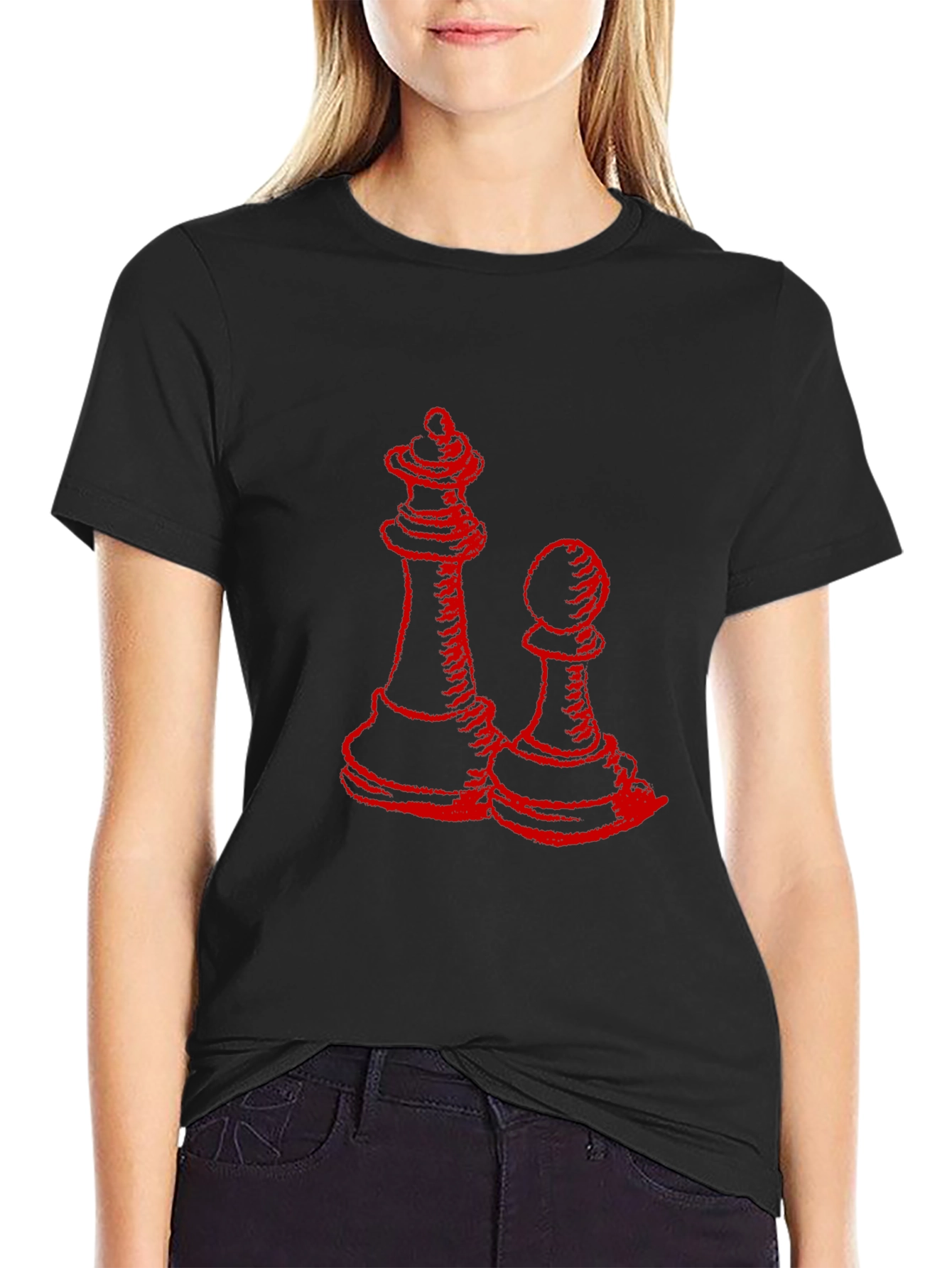 Red Chess Queen & Pawn Graphic Black T-Shirt