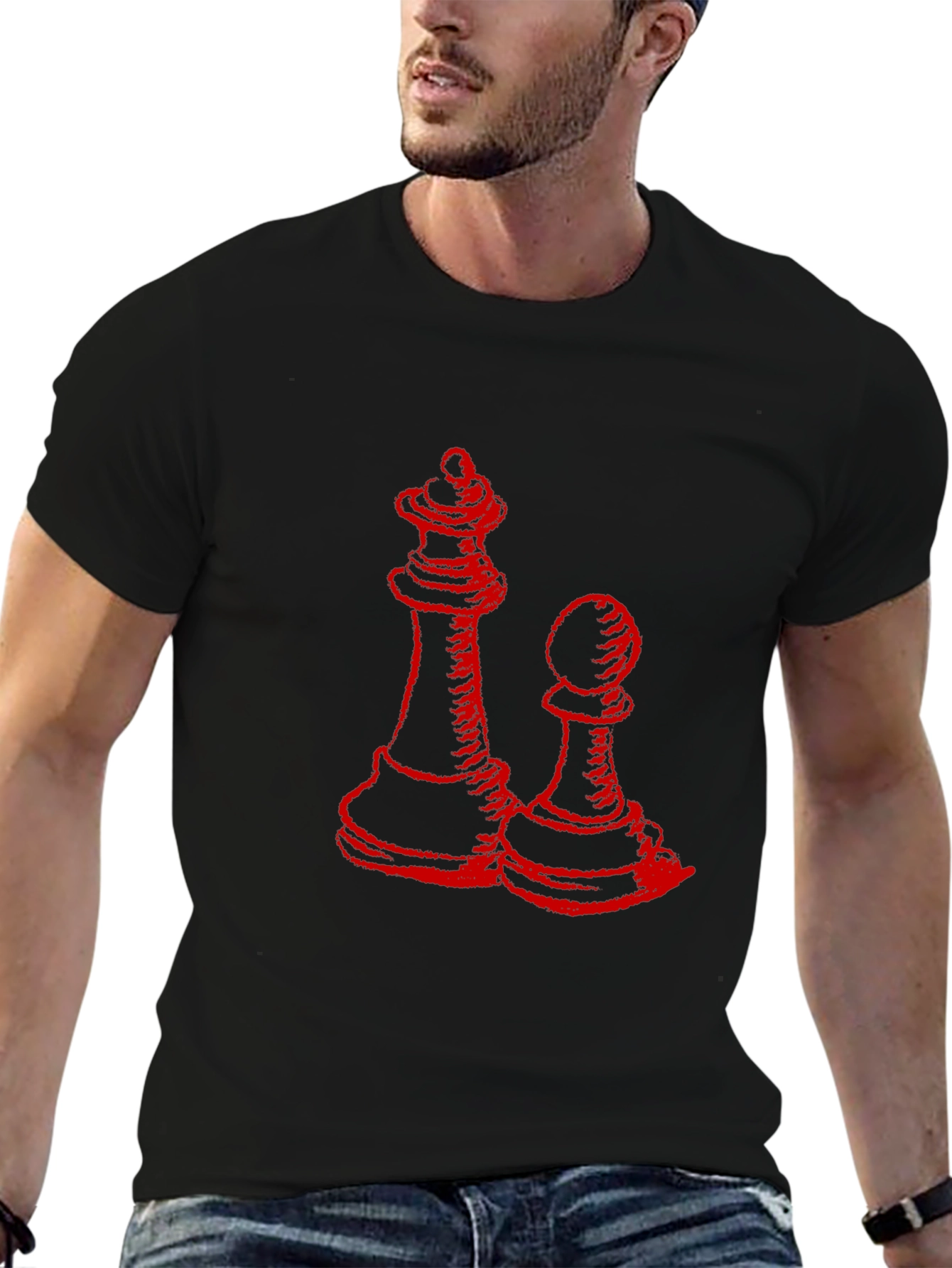 Red Chess Queen & Pawn Graphic Black T-Shirt