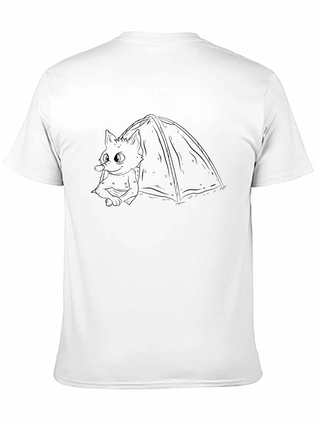 Black T-Shirt with Cartoon Cat Camping Graphic